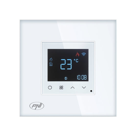 Termostat inteligent PNI CT26W WiFi incalzire in pardoseala electrica sau grup pompare, senzor pardoseala inclus, montaj incastrat, control din aplicatia Tuya Smart, programare zilnica, mod manual/automat, tensiune iesire 230V 10A