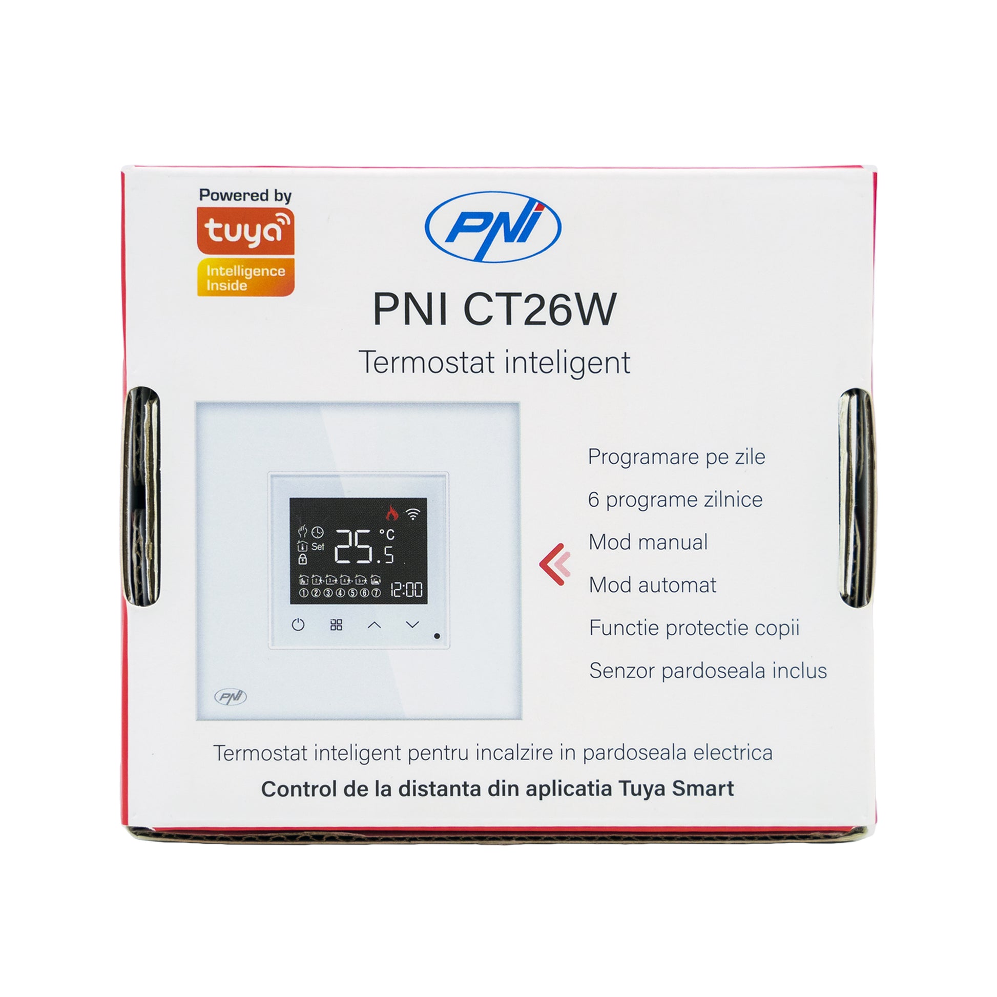 Termostat inteligent PNI CT26W WiFi incalzire in pardoseala electrica sau grup pompare, senzor pardoseala inclus, montaj incastrat, control din aplicatia Tuya Smart, programare zilnica, mod manual/automat, tensiune iesire 230V 10A