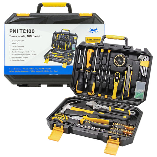 Trusa scule de mana PNI TC100 100 de piese, material Otel Carbon si Crom Vanadiu, cutie din plastic