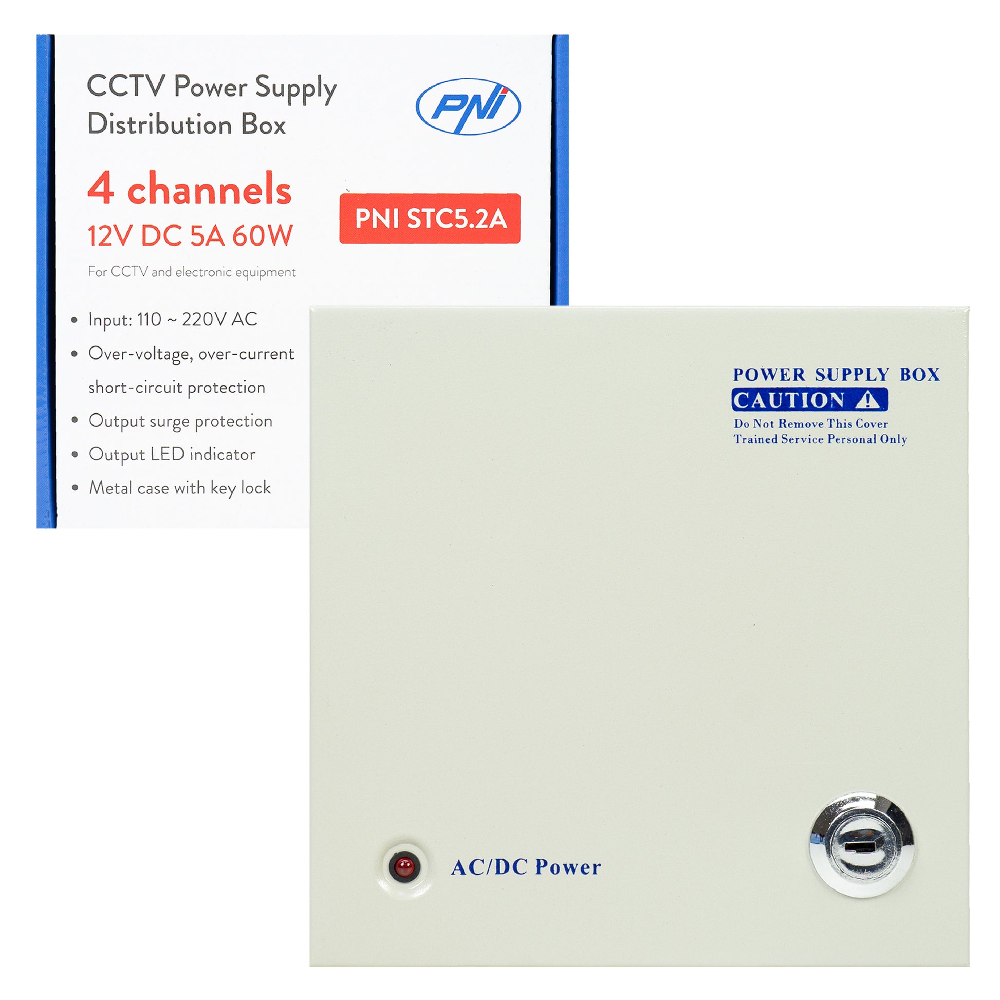 Sursa alimentare CCTV PNI STC5.2A, 12V, 5A, 60W, 4 iesiri, in cutie metalica