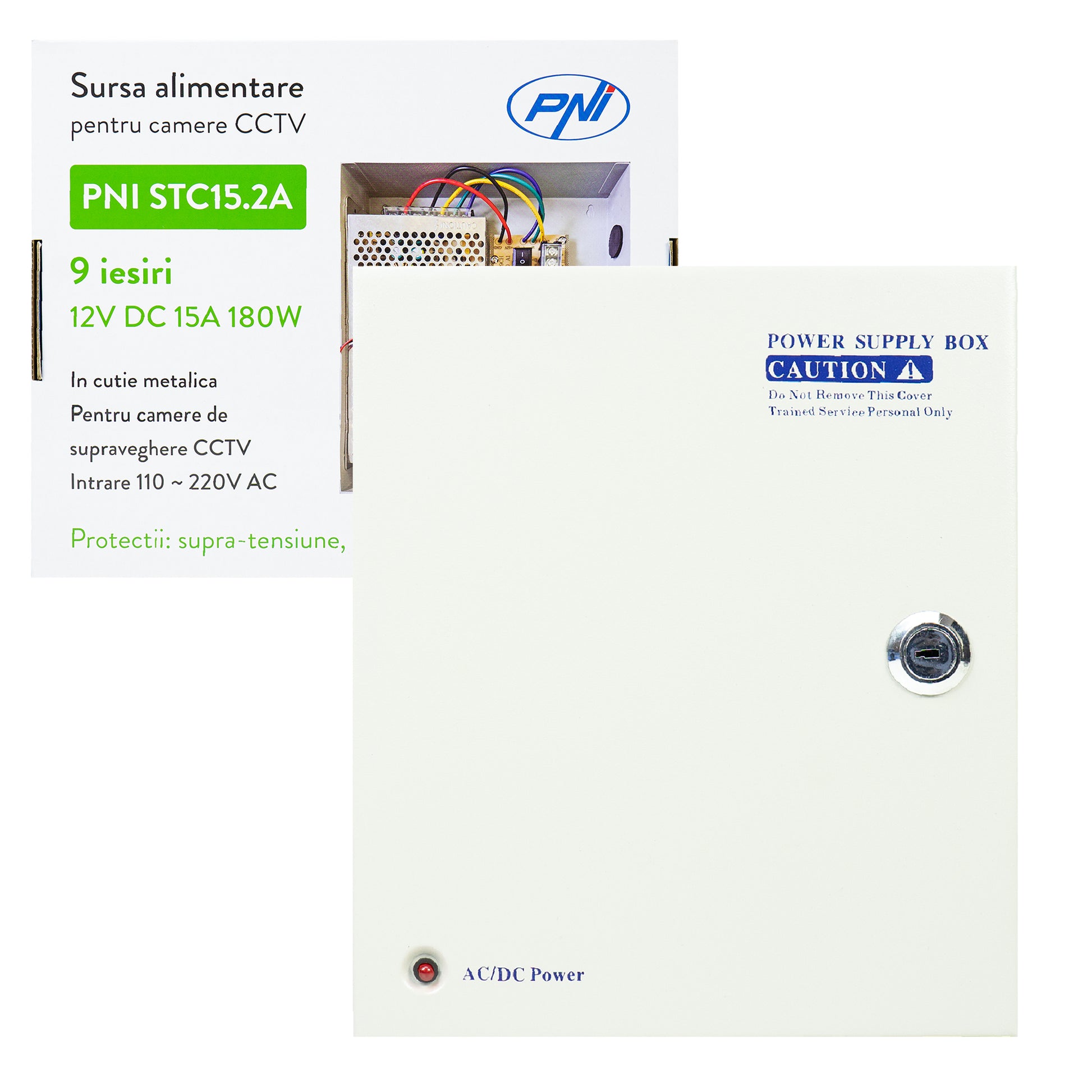 Sursa alimentare CCTV PNI STC15.2A in cutie metalica, 12V 15A 180W, 9 iesiri