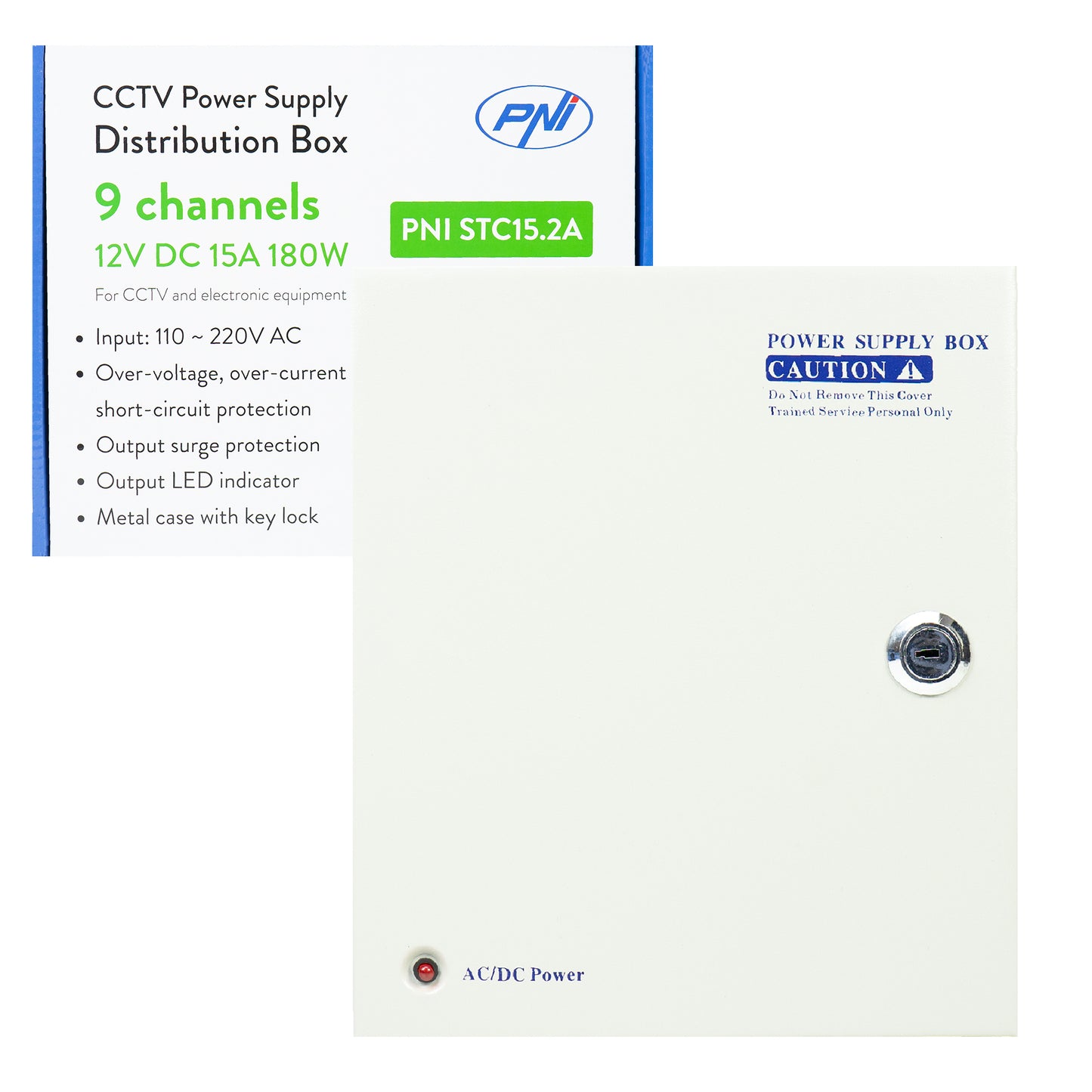 Sursa alimentare CCTV PNI STC15.2A in cutie metalica, 12V 15A 180W, 9 iesiri