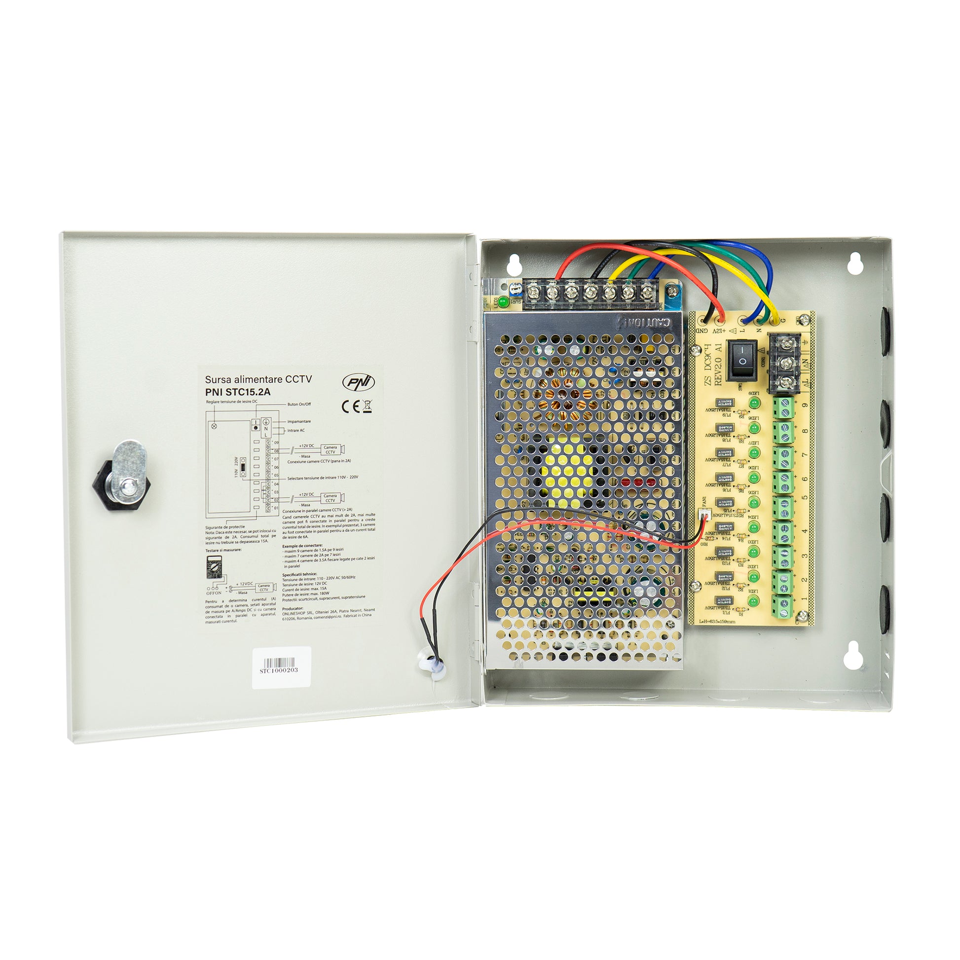 Sursa alimentare CCTV PNI STC15.2A in cutie metalica, 12V 15A 180W, 9 iesiri