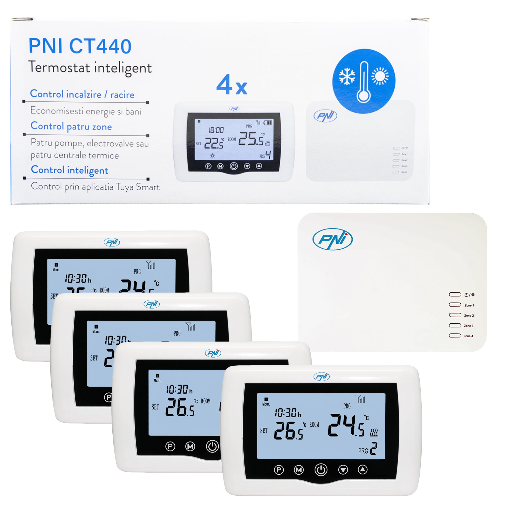 Termostat inteligent PNI CT440 fara fir, cu WiFi, control 4 zone prin Internet, pentru centrale termice, pompe, electrovalve, APP TuyaSmart