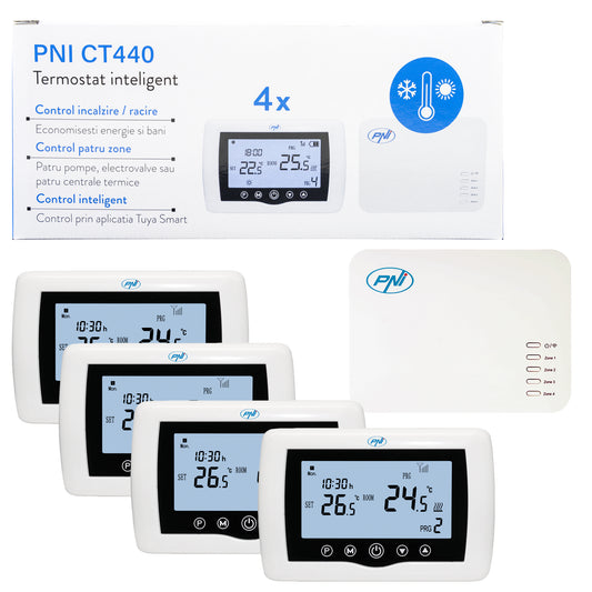 Termostat inteligent PNI CT440 fara fir, cu WiFi, control 4 zone prin Internet, pentru centrale termice, pompe, electrovalve, APP TuyaSmart