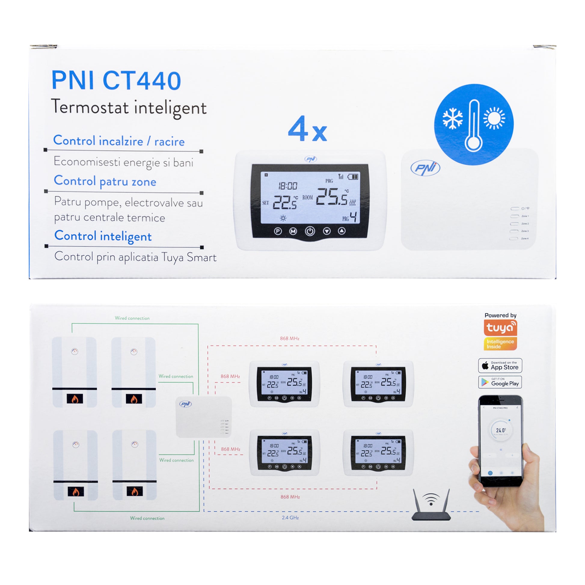Termostat inteligent PNI CT440 fara fir, cu WiFi, control 4 zone prin Internet, pentru centrale termice, pompe, electrovalve, APP TuyaSmart