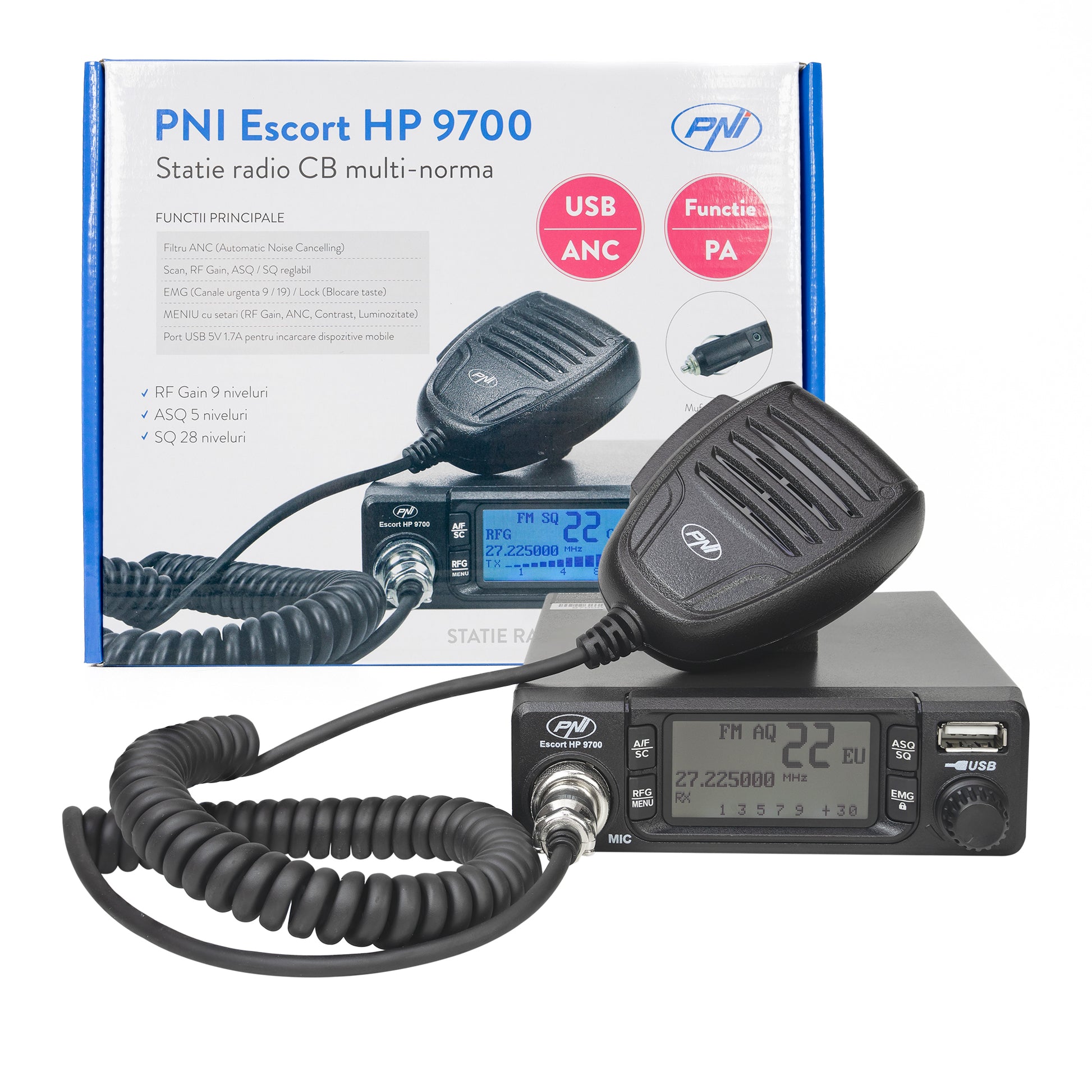 Statie radio CB PNI Escort HP 9700 USB, ANC, ASQ, alimentare 12V / 24V, functie PA, mufa de bricheta inclusa