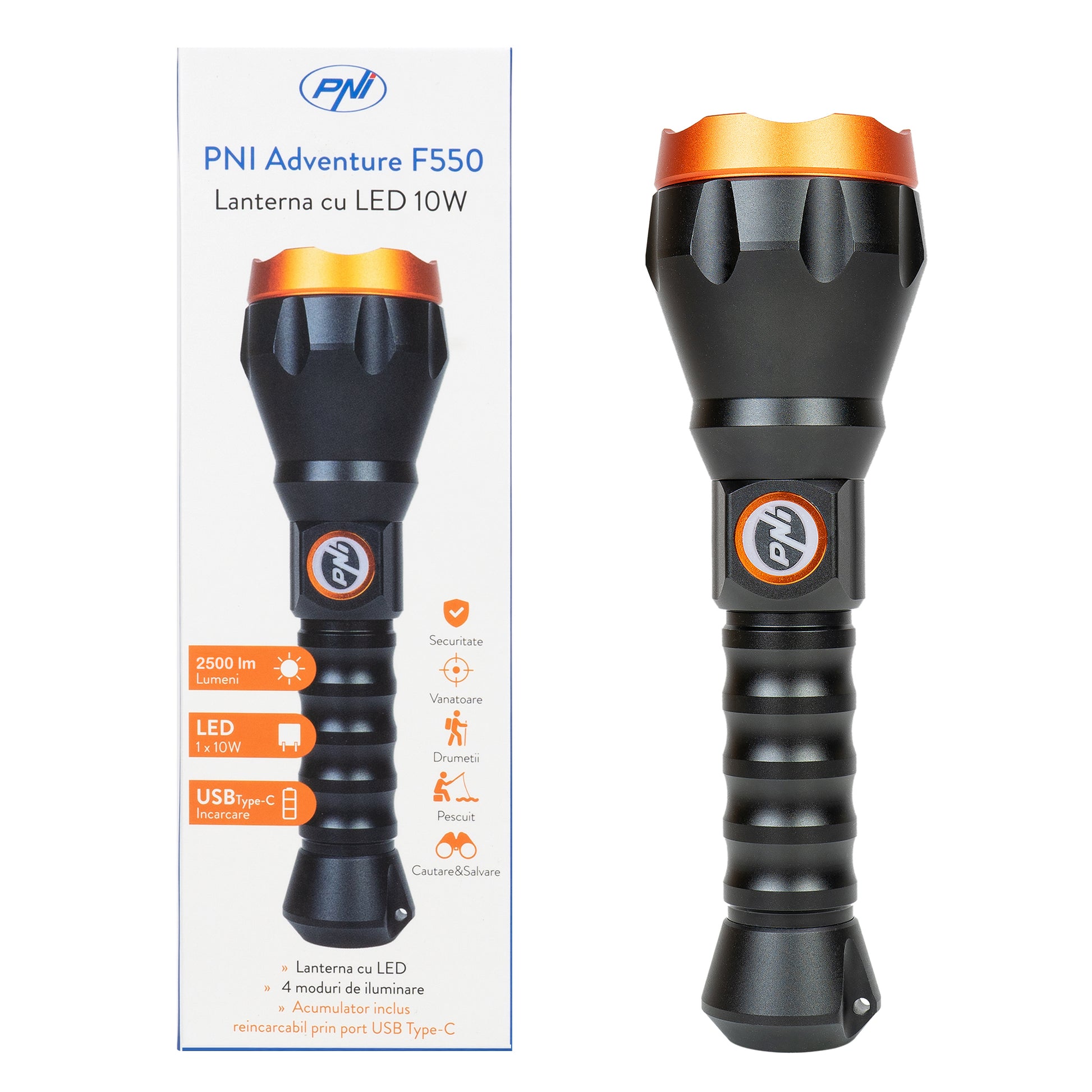 Lanterna PNI Adventure F550 Crystal LED, 10W, din aluminiu, 2500lm, pana la 700m, IPX6, acumulator 4000mAh inclus, incarcare prin USB Type-C