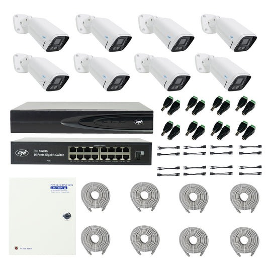 Pachet NVR PNI House IP816 cu 8 camere PNI IP740 4MP, sursa, switch, cabluri, mufe si splitere