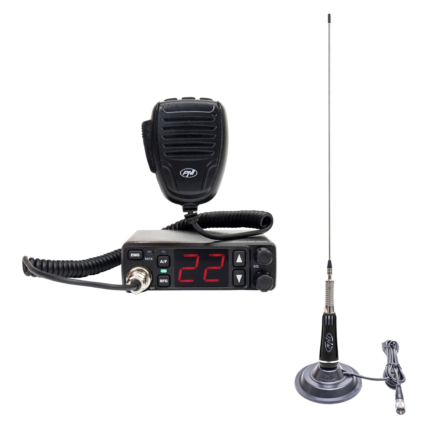 Kit Statie radio CB PNI Escort HP 5500 cu antena CB PNI LED 2000, 90 cm, 500W, ilumineaza in timpul emisiei, baza magnetica inclusa
