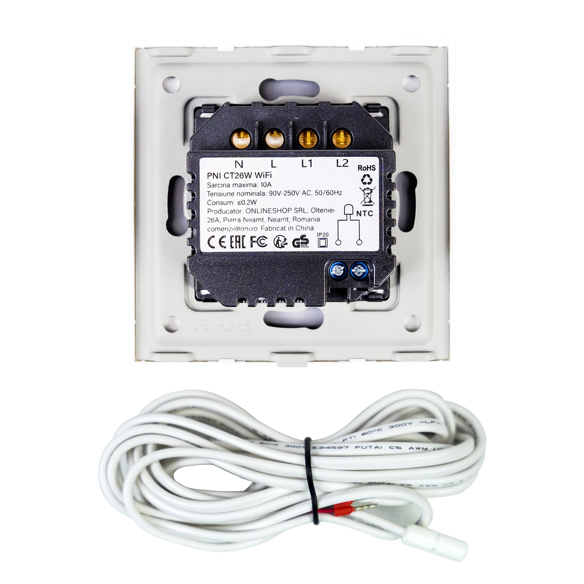 Termostat inteligent PNI CT26W WiFi incalzire in pardoseala electrica sau grup pompare, senzor pardoseala inclus, montaj incastrat, control din aplicatia Tuya Smart, programare zilnica, mod manual/automat, tensiune iesire 230V 10A