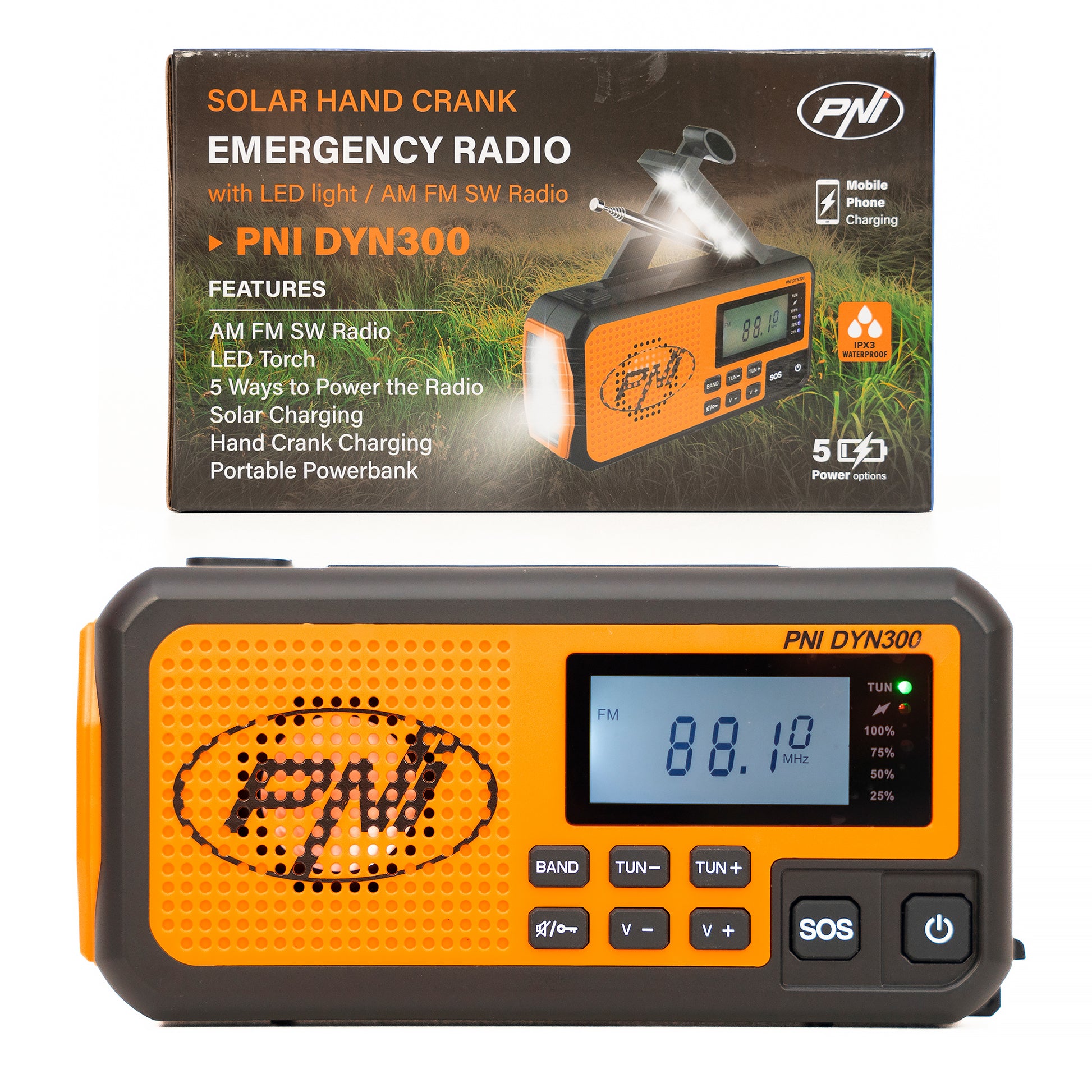 Radio portabil PNI DYN300 cu dinam, incarcare solara, lanterna, powerbank 4000 mAh, SOS, IPX3, orange
