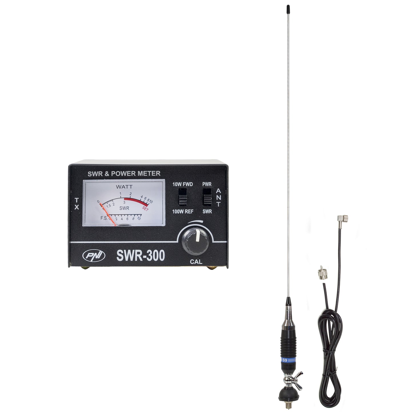 Antena CB PNI S9, 120 cm, cu fluture, cablu RG58 de 4m si reflectometru PNI SWR-300 pentru masurare SWR