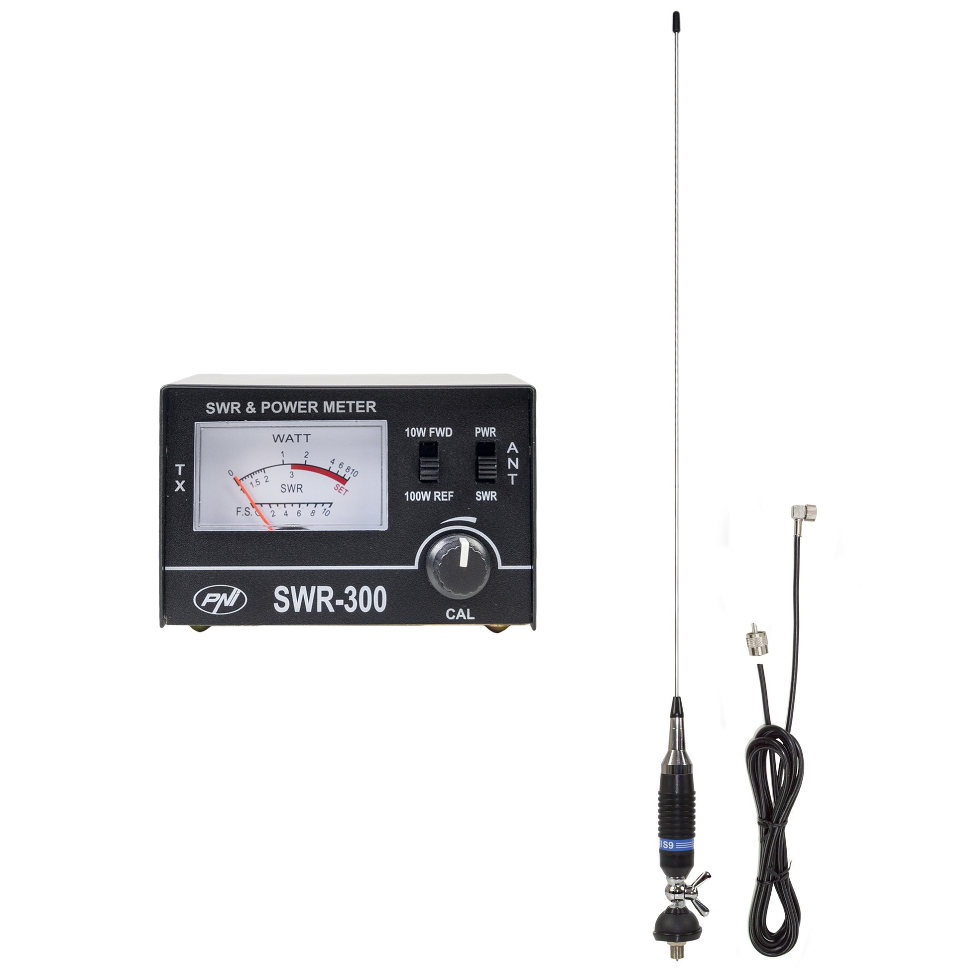 Antena CB PNI S9, 120 cm, cu fluture, cablu RG58 de 4m si reflectometru PNI SWR-300 pentru masurare SWR