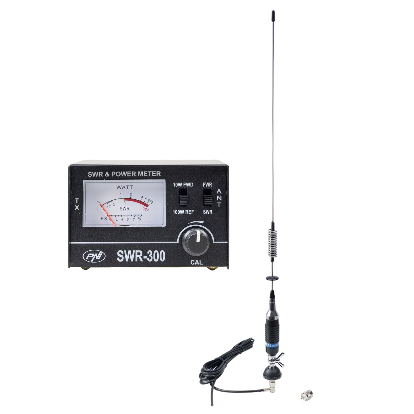Antena CB PNI S75 , 75 cm, cu fluture, cablu RG58 de 4m si reflectometru PNI SWR-300 pentru masurare SWR