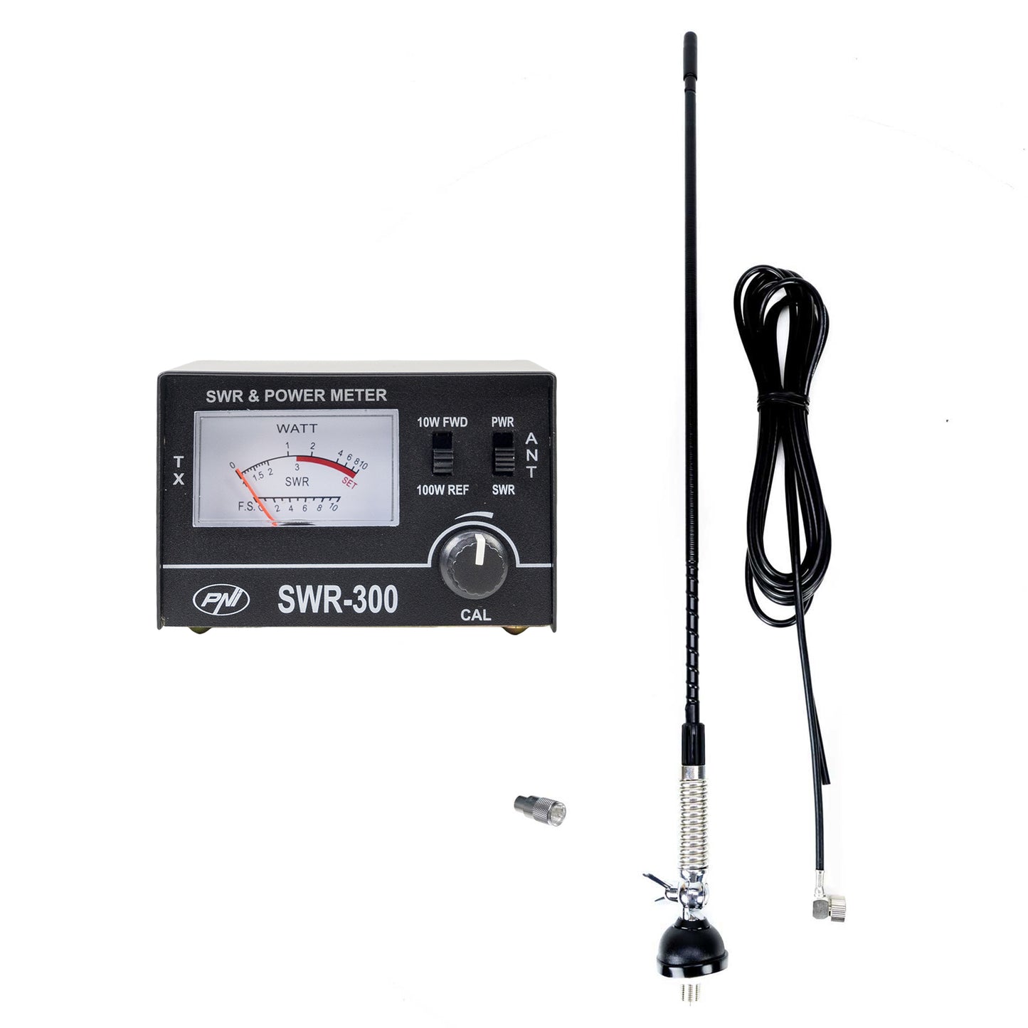 Antena CB PNI S60, 59 cm, cu fluture, cablu RG58 de 4m si reflectometru PNI SWR-300 pentru masurare SWR, negru