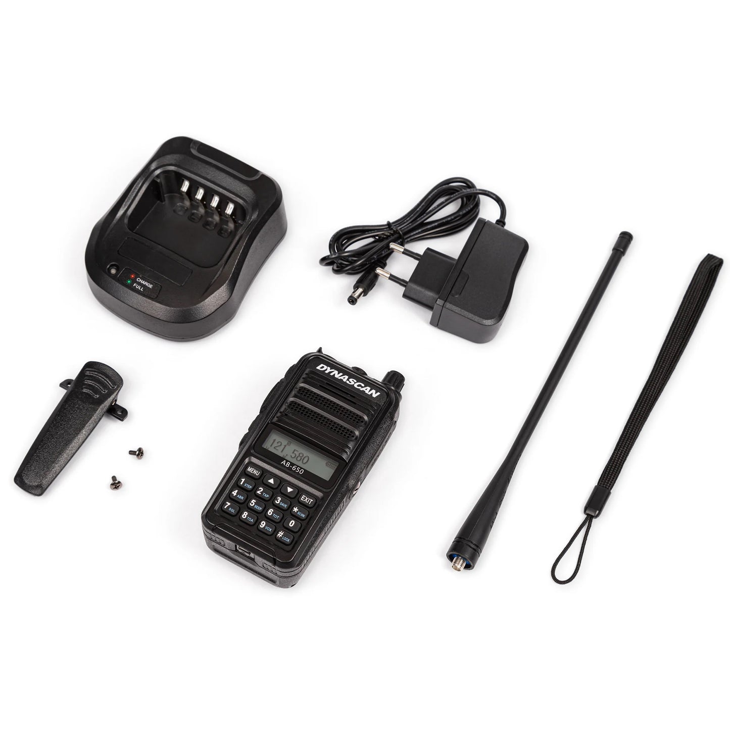 Statie radio portabila VHF Dynascan AB-650 pentru aviatie, 6W, SQ, 118-136.975 MHz, AM, 2600 mAh Li-Ion, Radio FM