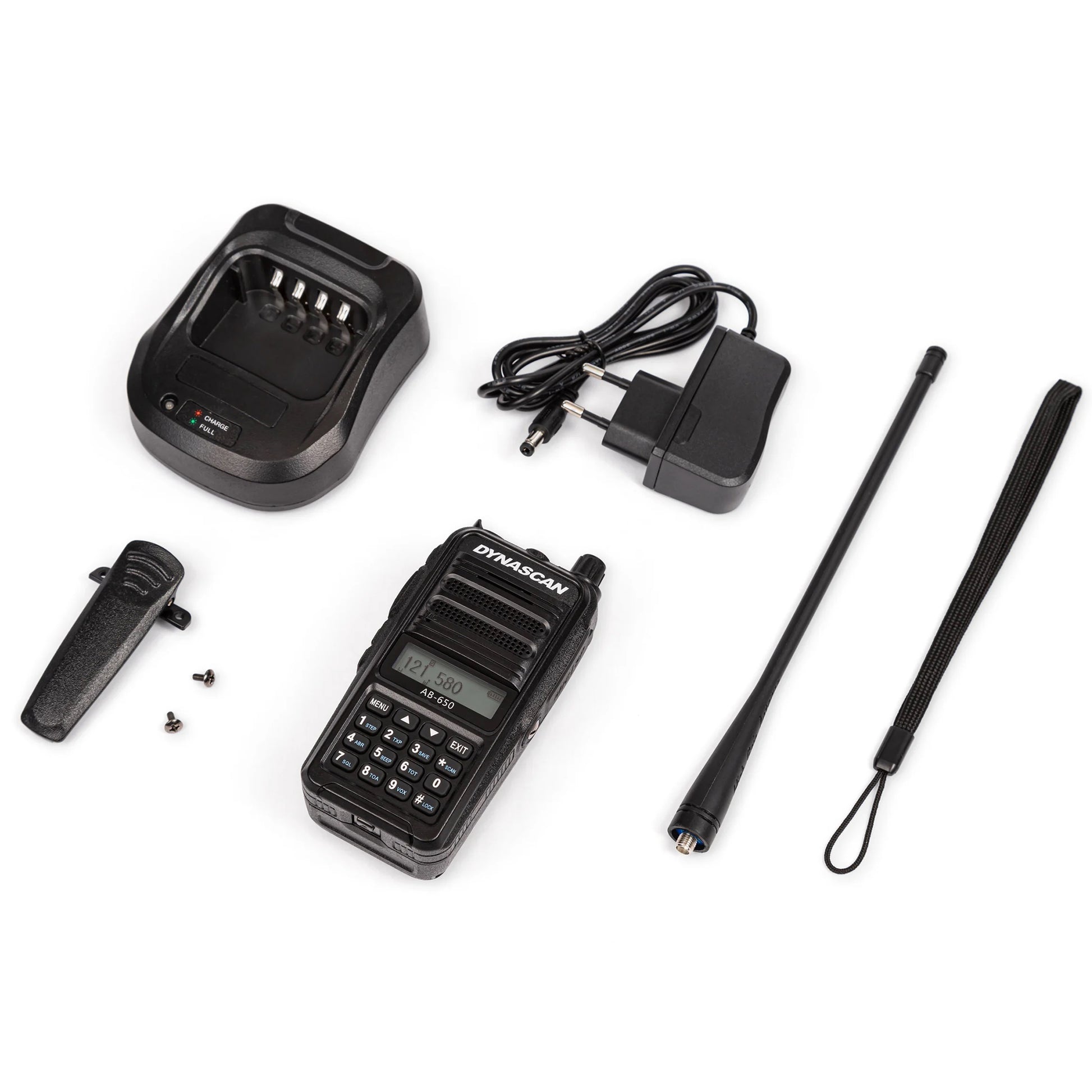 Statie radio portabila VHF Dynascan AB-650 pentru aviatie, 6W, SQ, 118-136.975 MHz, AM, 2600 mAh Li-Ion, Radio FM