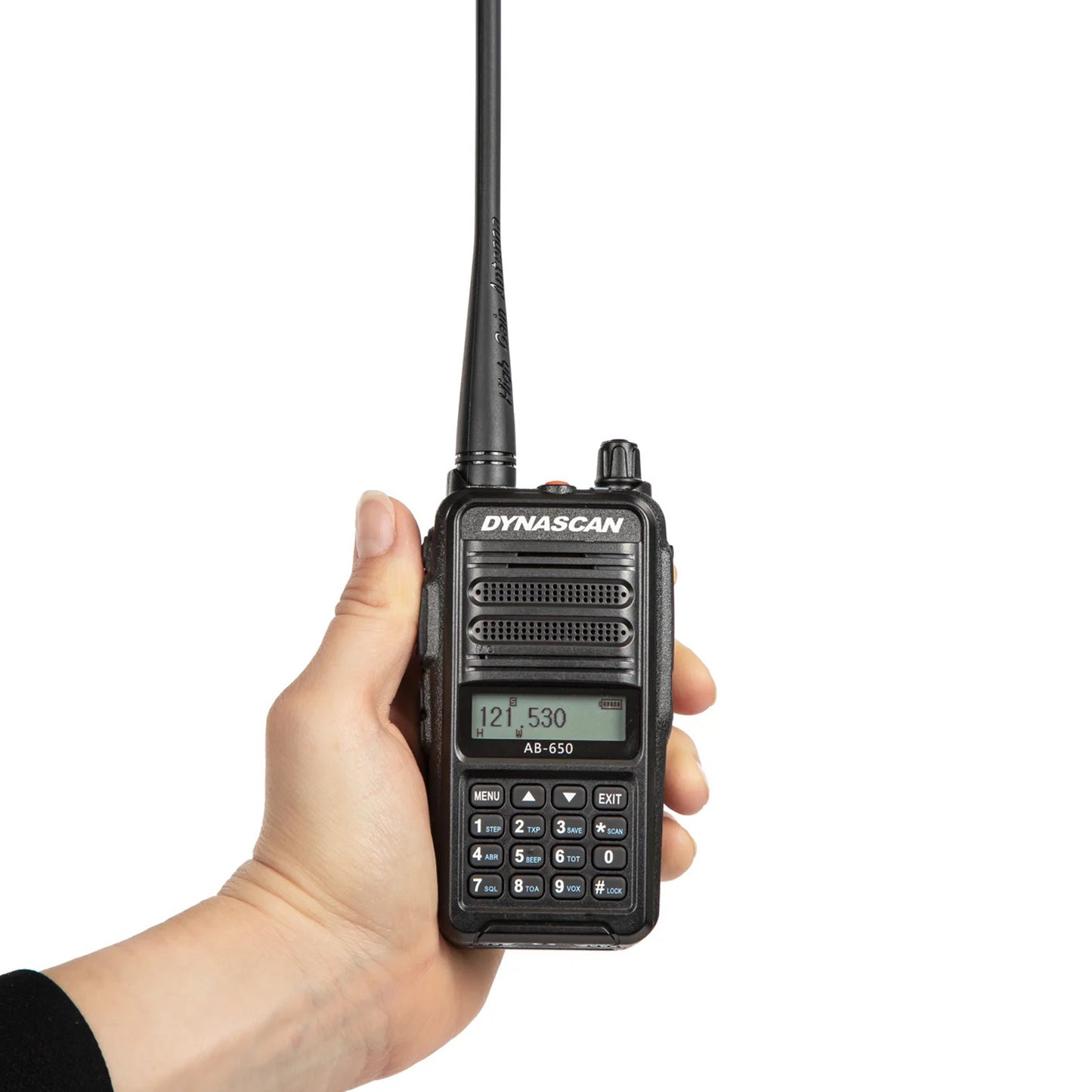 Statie radio portabila VHF Dynascan AB-650 pentru aviatie, 6W, SQ, 118-136.975 MHz, AM, 2600 mAh Li-Ion, Radio FM