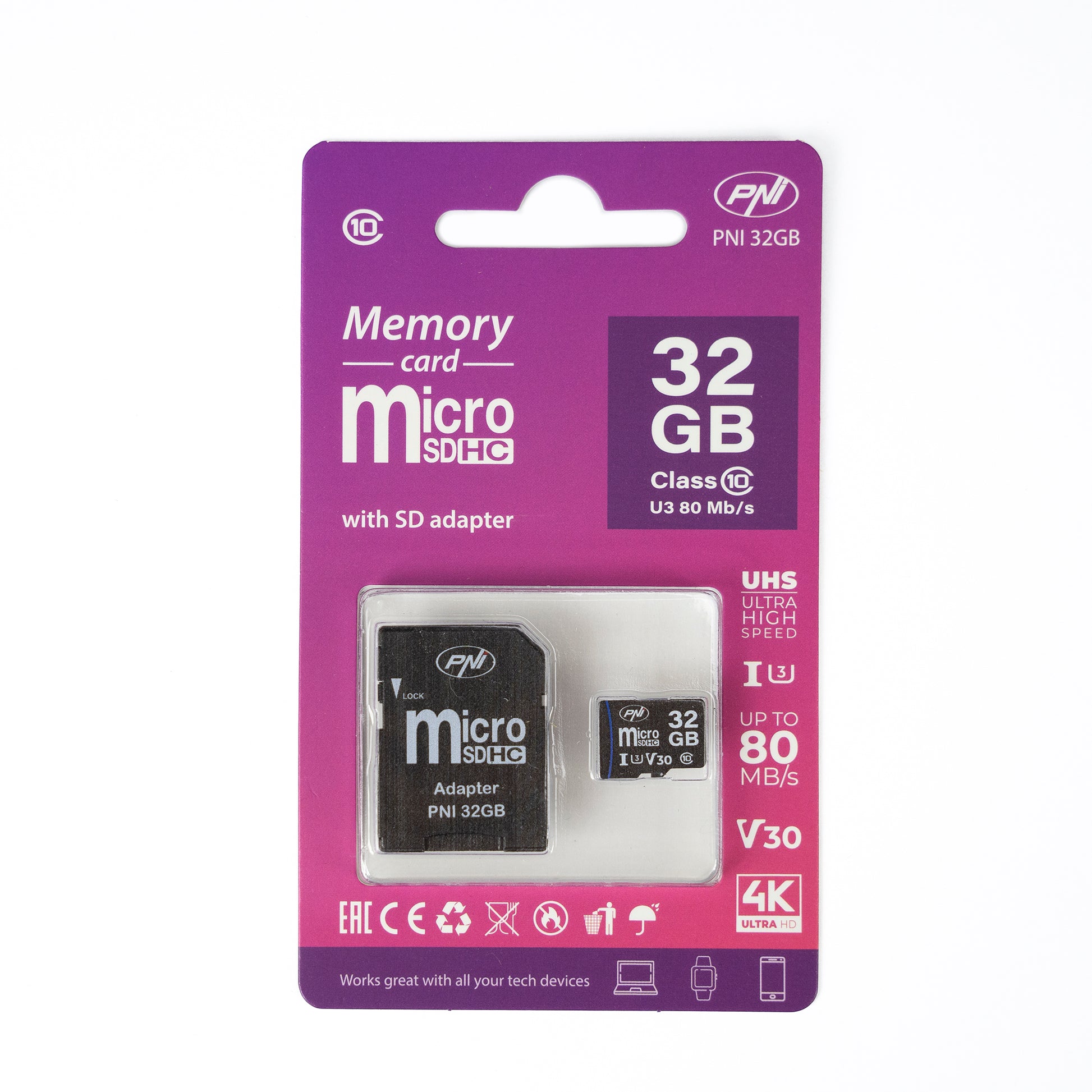 Card de memorie MicroSD PNI 32GB cu adaptor SD, Clasa 10, 80 Mb/s, V30