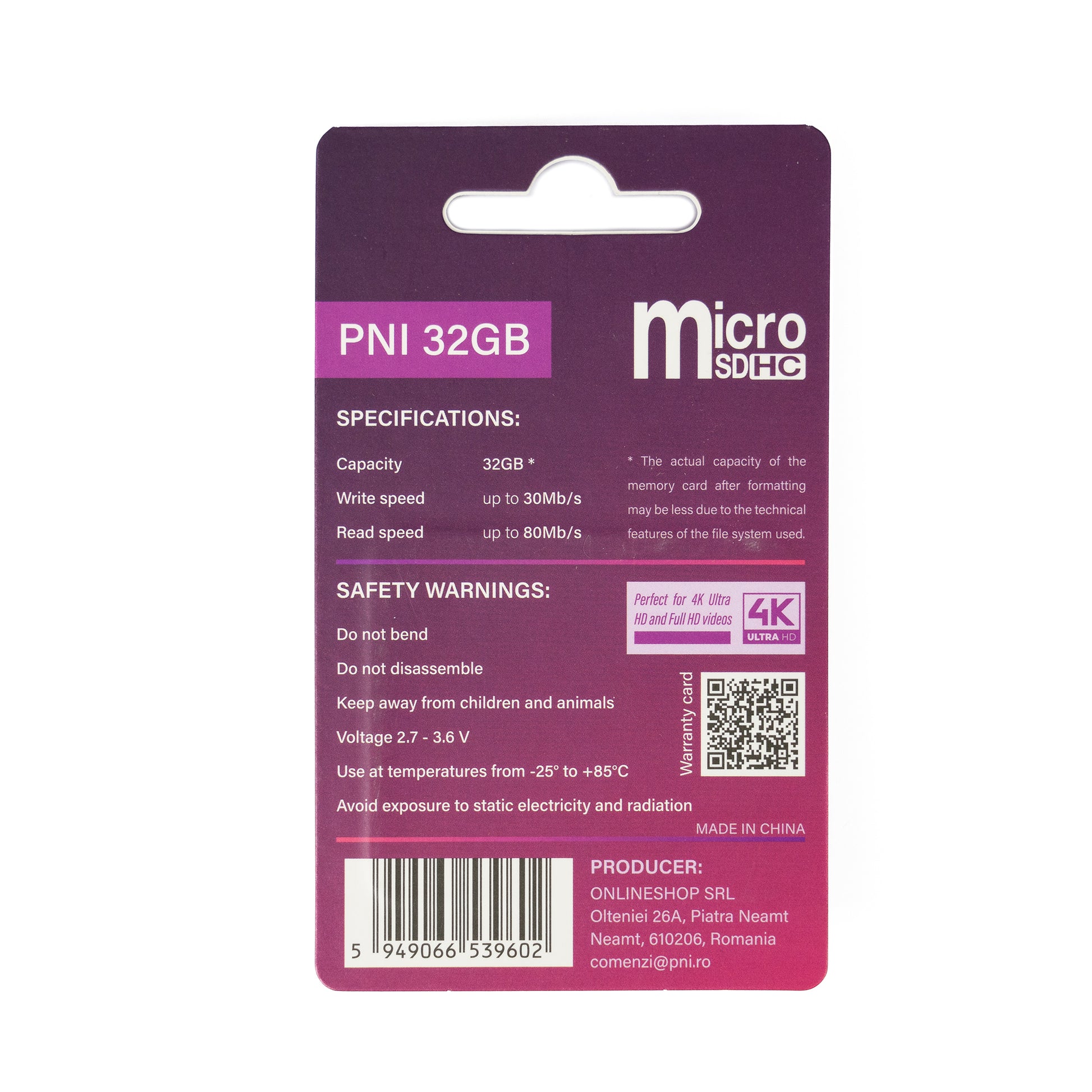 Card de memorie MicroSD PNI 32GB cu adaptor SD, Clasa 10, 80 Mb/s, V30