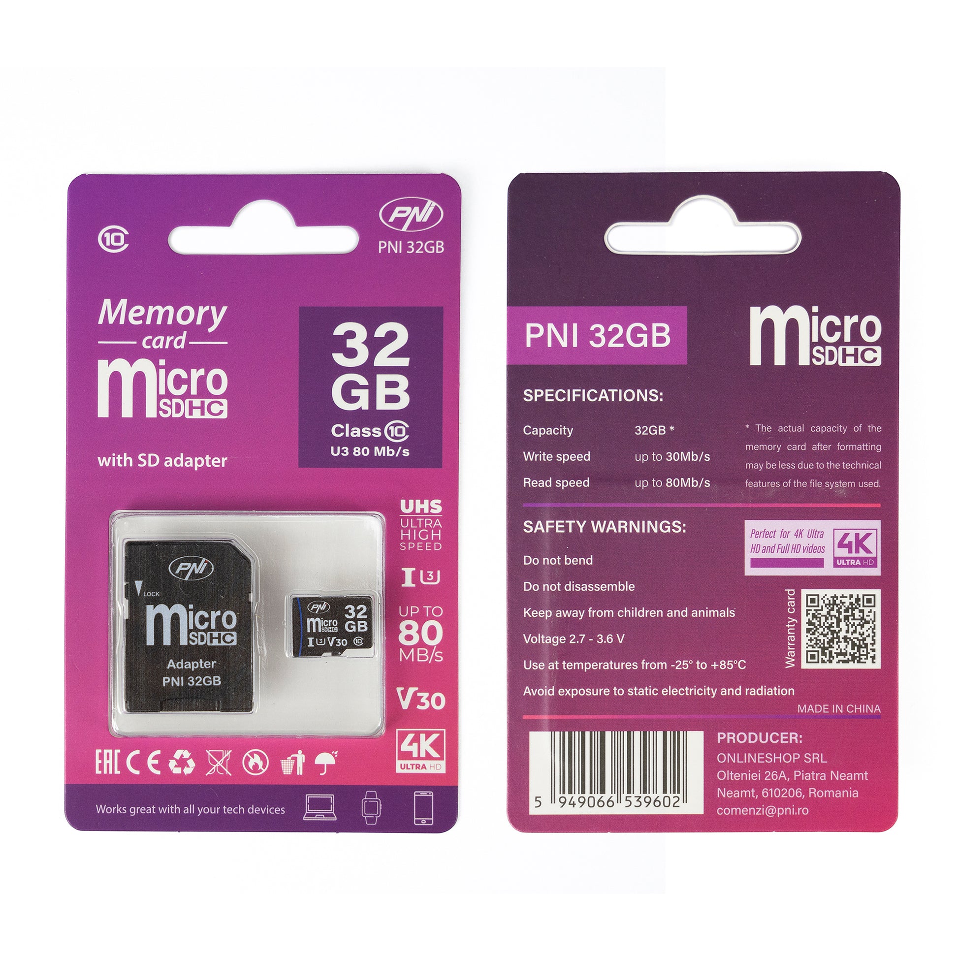 Card de memorie MicroSD PNI 32GB cu adaptor SD, Clasa 10, 80 Mb/s, V30