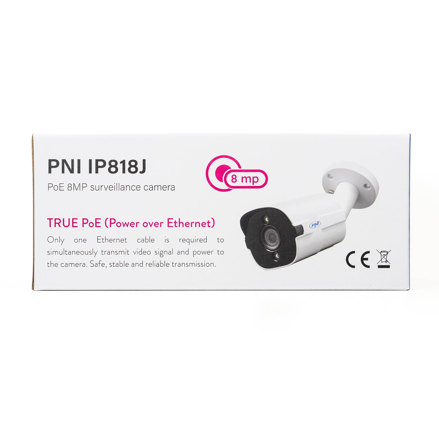 Camera supraveghere video PNI IP818J, POE, bullet 8MP, black light, lentila 2.8mm, pentru exterior, alb