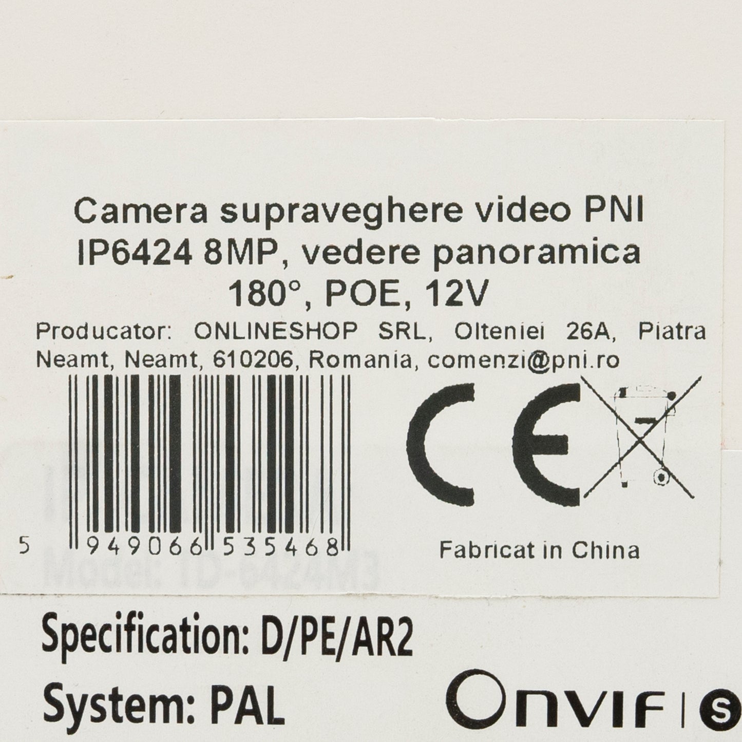 Camera supraveghere video PNI IP6424, 8MP, D-WDR, Zoom Digital, cu functii inteligente de detectie sau identificare, vedere panoramica 180 grade, 12V, POE, IP67