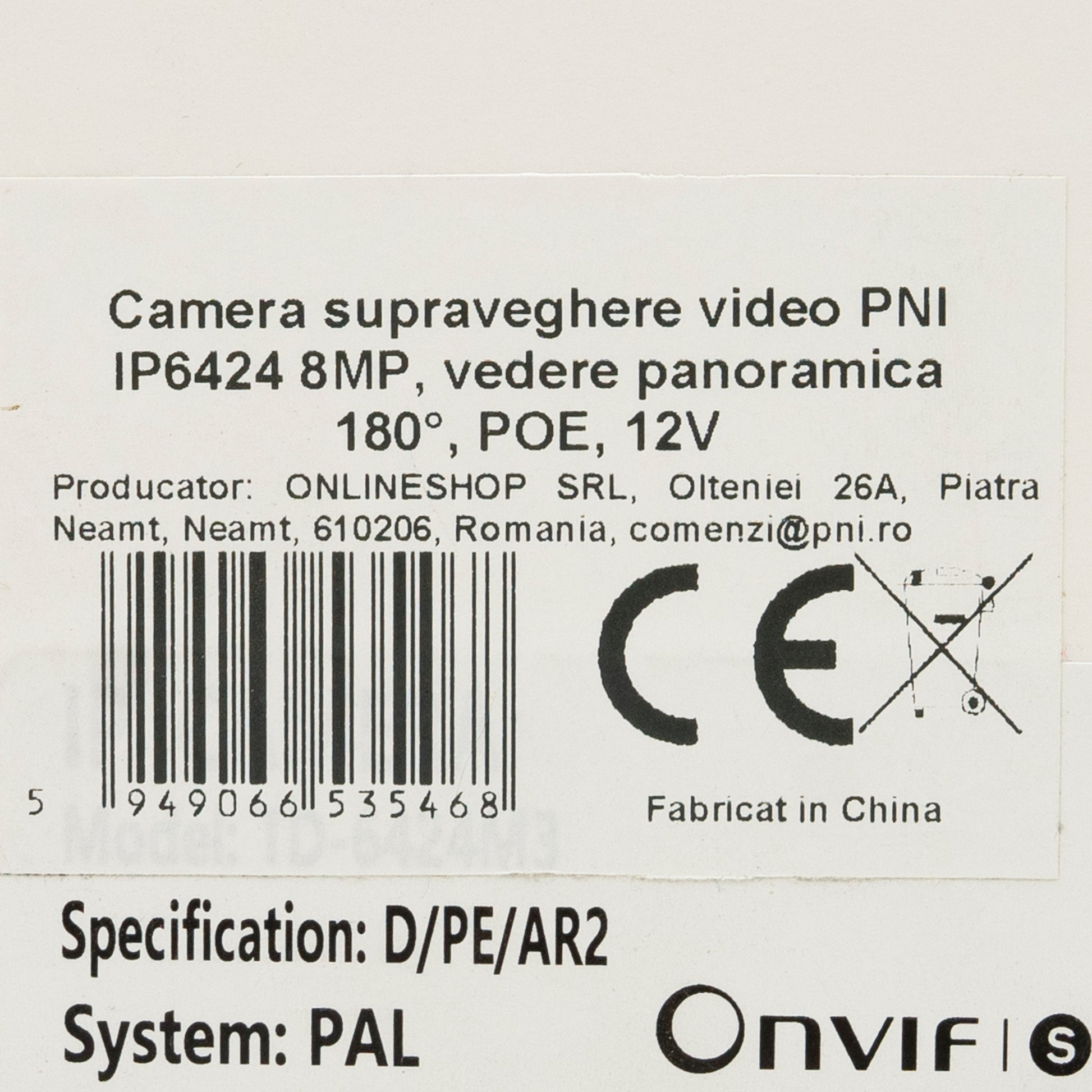 Camera supraveghere video PNI IP6424, 8MP, D-WDR, Zoom Digital, cu functii inteligente de detectie sau identificare, vedere panoramica 180 grade, 12V, POE, IP67