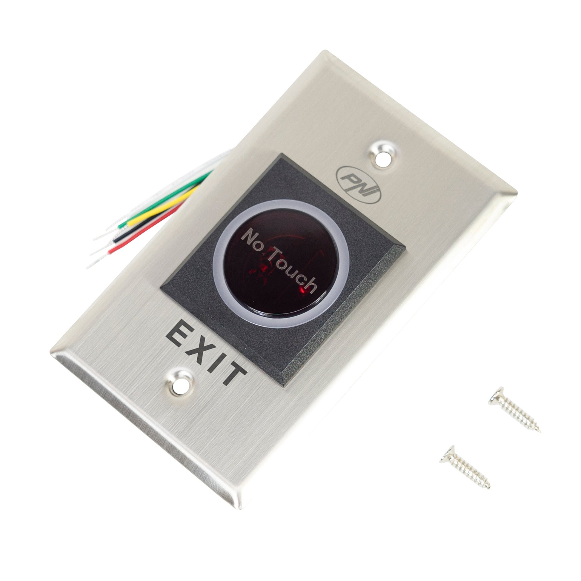 Intrerupator de acces incastrabil PNI PB103, fara atingere, NO/NC/COM, 12V/24V DC, LED stare, metalic, 5 fire