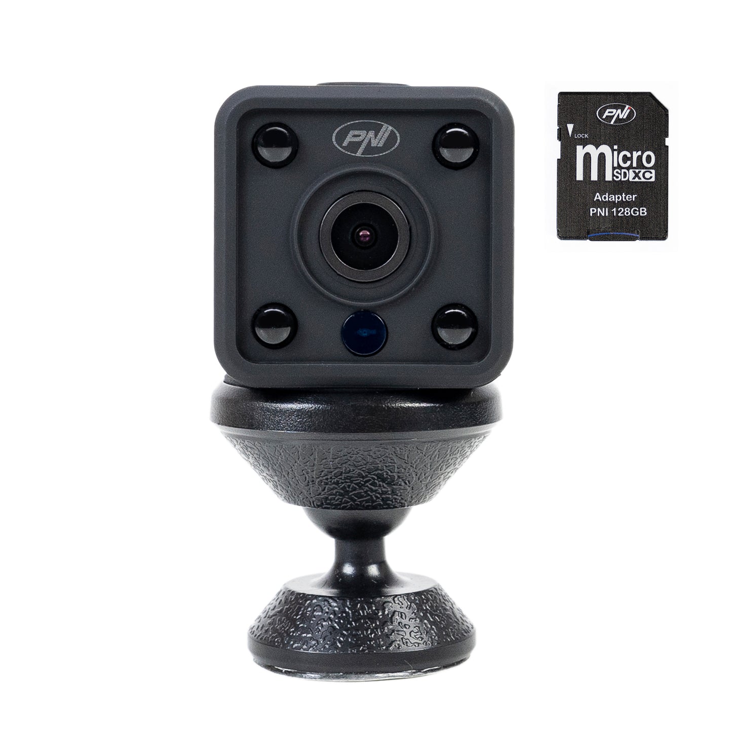 Pachet Mini camera de supraveghere spion PNI SafeHome PT945M 1080P WiFi, control prin Tuya Smart + Card de memorie MicroSD PNI 128GB cu adaptor SD