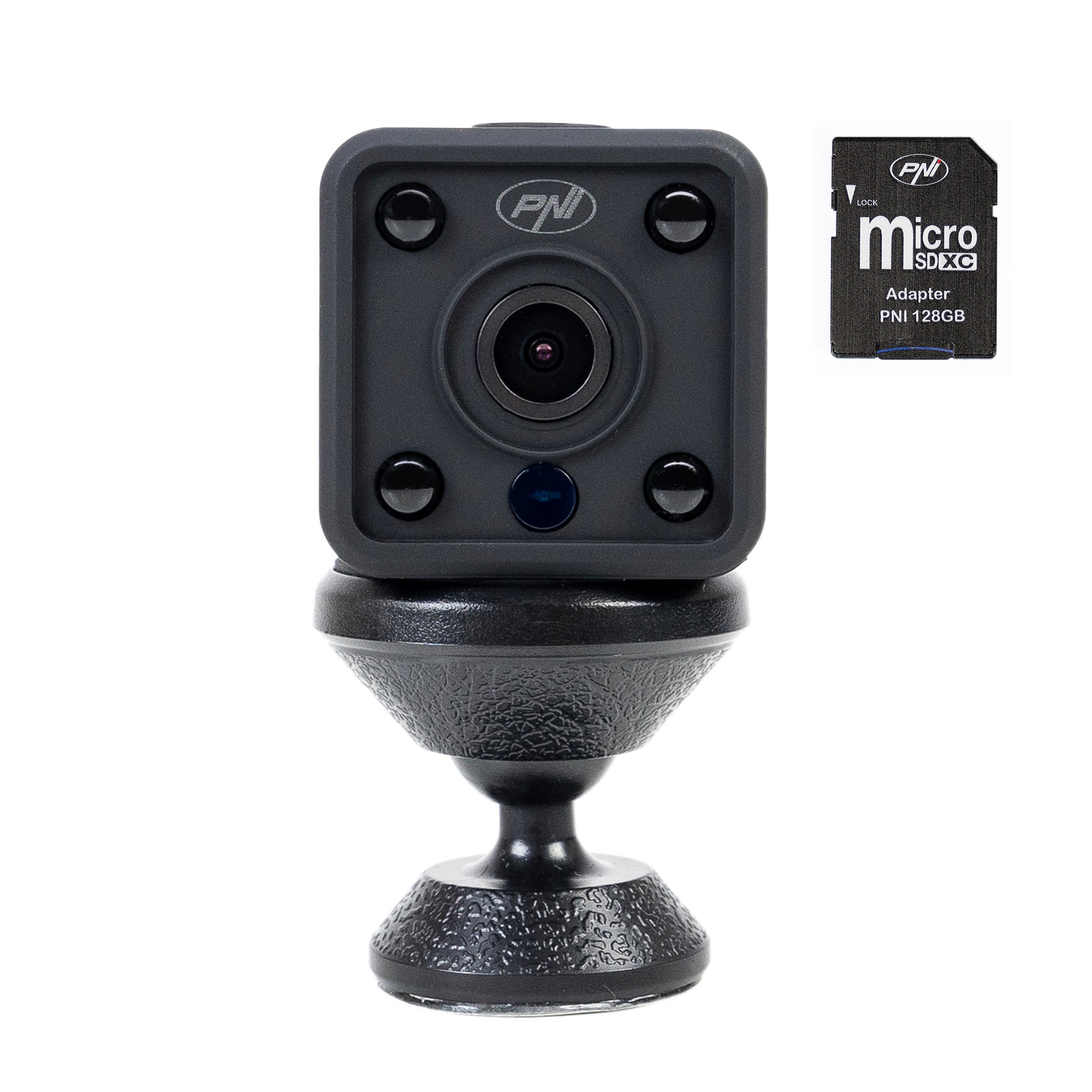 Pachet Mini camera de supraveghere spion PNI SafeHome PT945M 1080P WiFi, control prin Tuya Smart + Card de memorie MicroSD PNI 128GB cu adaptor SD