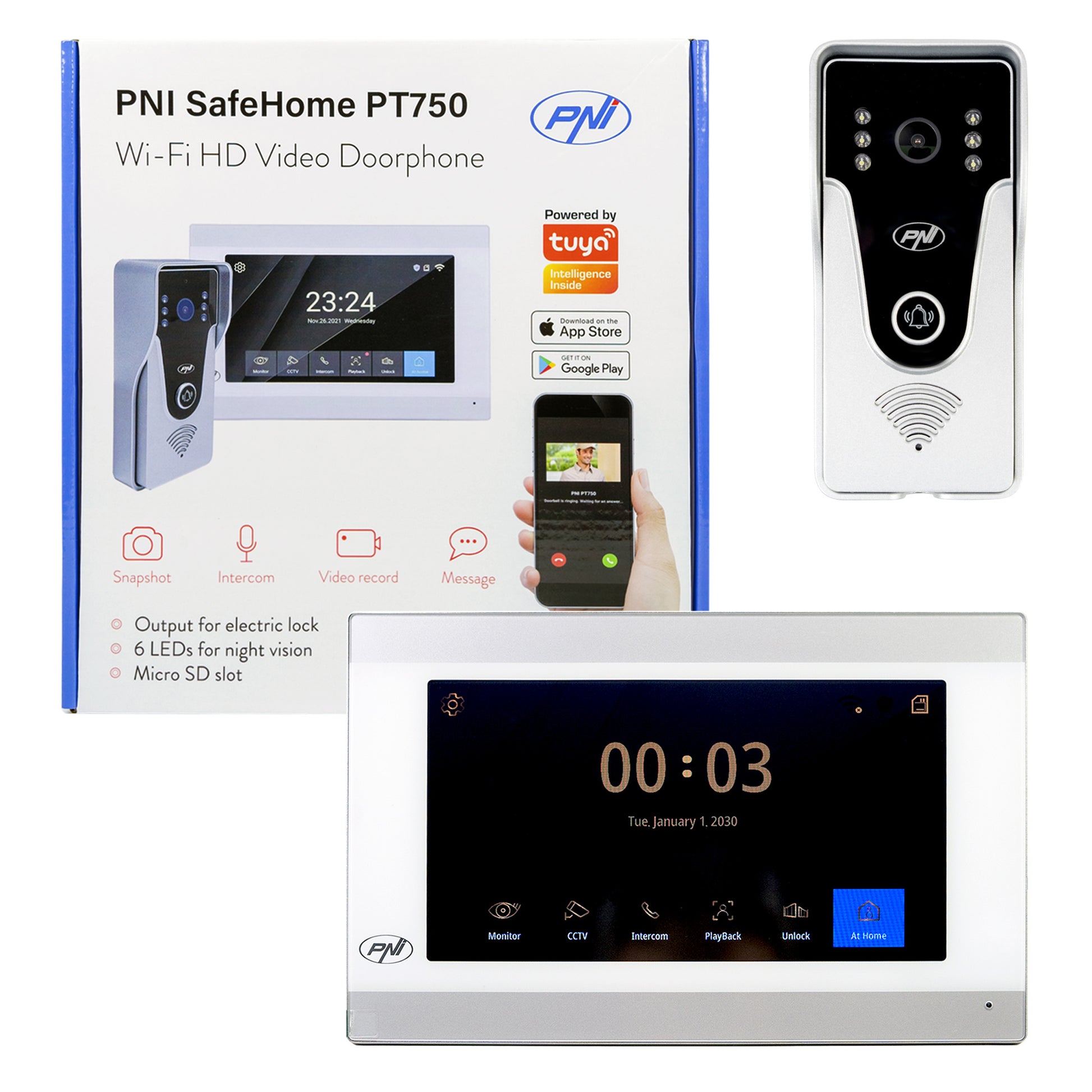 Interfon video inteligent PNI SafeHome PT750 WiFi, rezolutie Full HD 2MP 1080P, P2P, monitor interior, aplicatie dedicata Tuya Smart, integrare in scenarii si automatizari smart cu alte produse compatibile Tuya