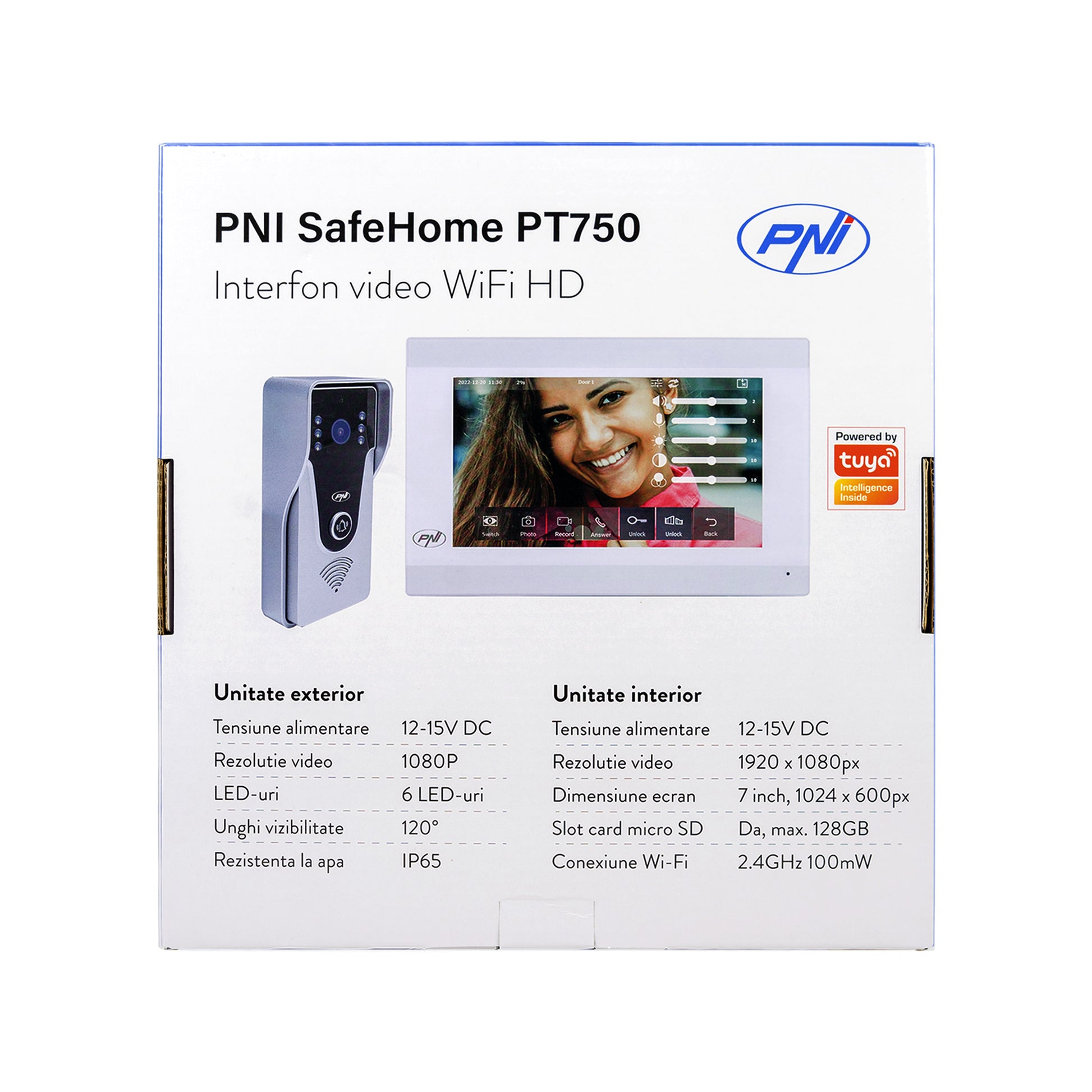 Interfon video inteligent PNI SafeHome PT750 WiFi, rezolutie Full HD 2MP 1080P, P2P, monitor interior, aplicatie dedicata Tuya Smart, integrare in scenarii si automatizari smart cu alte produse compatibile Tuya