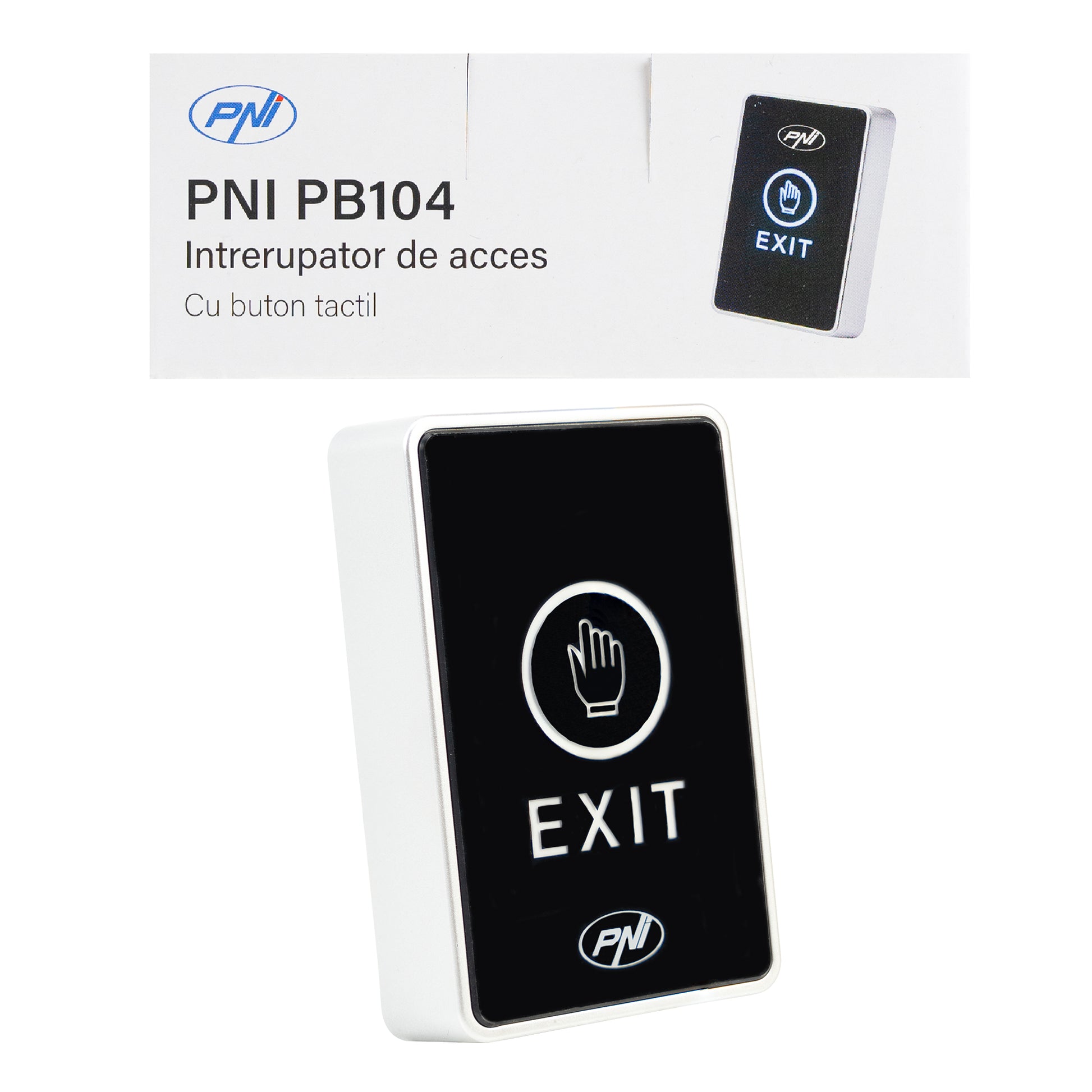 Intrerupator de acces PNI PB104, cu touch, montaj aplicat, NO/NC/COM, 12V/24V DC, LED stare, metalic, 5 fire, IP65