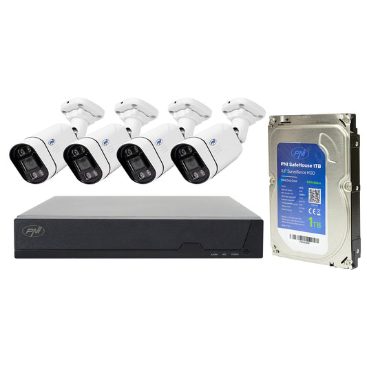 Pachet supraveghere video POE PNI House IPMAX POE 5, NVR, 4 camere cu IP 5MP si HDD PNI SafeHouse 1TB inclus