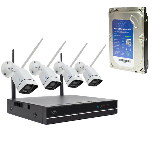 Pachet supraveghere video PNI House WiFi660 NVR cu 4 camere wireless, 3MP si HDD PNI SafeHouse 1TB, 3.5&#34; inclus
