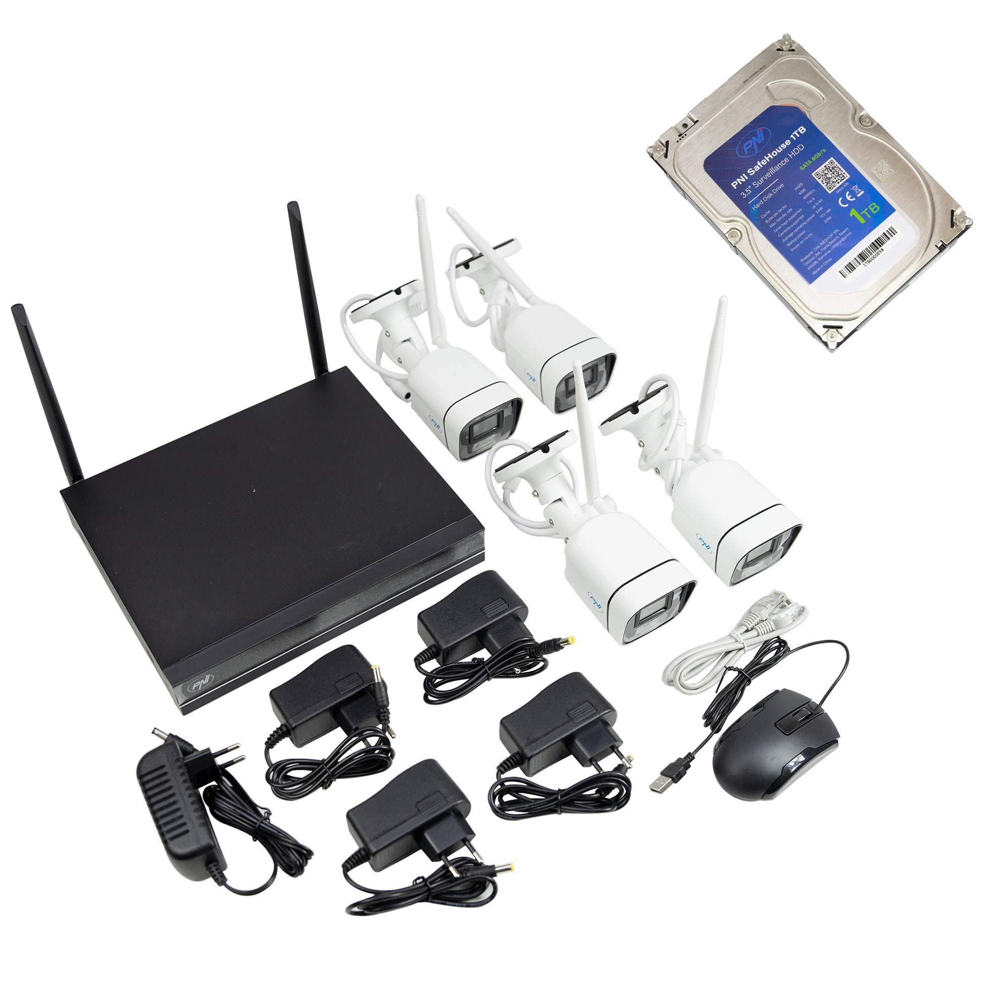 Pachet supraveghere video PNI House WiFi660 NVR cu 4 camere wireless, 3MP si HDD PNI SafeHouse 1TB, 3.5&#34; inclus