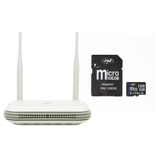 Pachet NVR wireless PNI House WIFI800, 8 canale 5MP sau 4 canale 4K 8MP, prompt vocal si card de memorie MicroSD PNI 128GB inclus