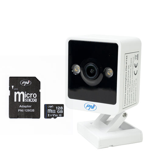 Pachet Camera supraveghere video PNI IP744 4MP cu IP, detectie miscare + Card de memorie MicroSD PNI 128GB cu adaptor SD