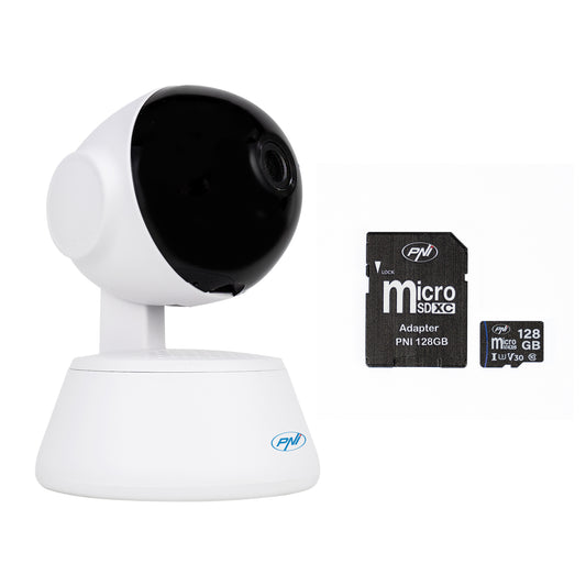 Pachet Camera supraveghere video PNI IP720LR, 1080P, 2MP, IP, P2P, PTZ si card de memorie microSD PNI 128GB inclus