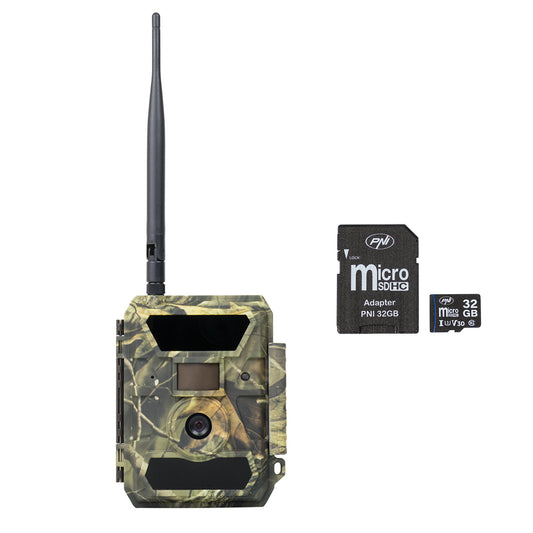 Pachet Camera vanatoare PNI Hunting 350C 12MP cu Internet 3G, SMS + Card de memorie MicroSD PNI 32GB cu adaptor SD