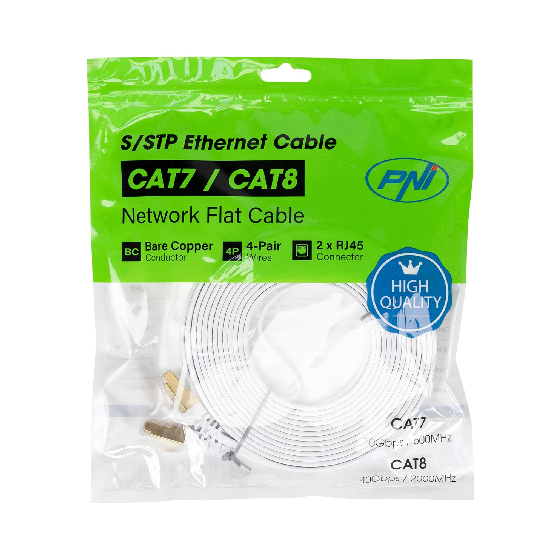 Cablu de retea plat S/STP CAT7 PNI U7075W, 2 x RJ45, 4 perechi de fire, 32AWG, cupru, 10 Gbps, 600 MHz, 7.5m, alb