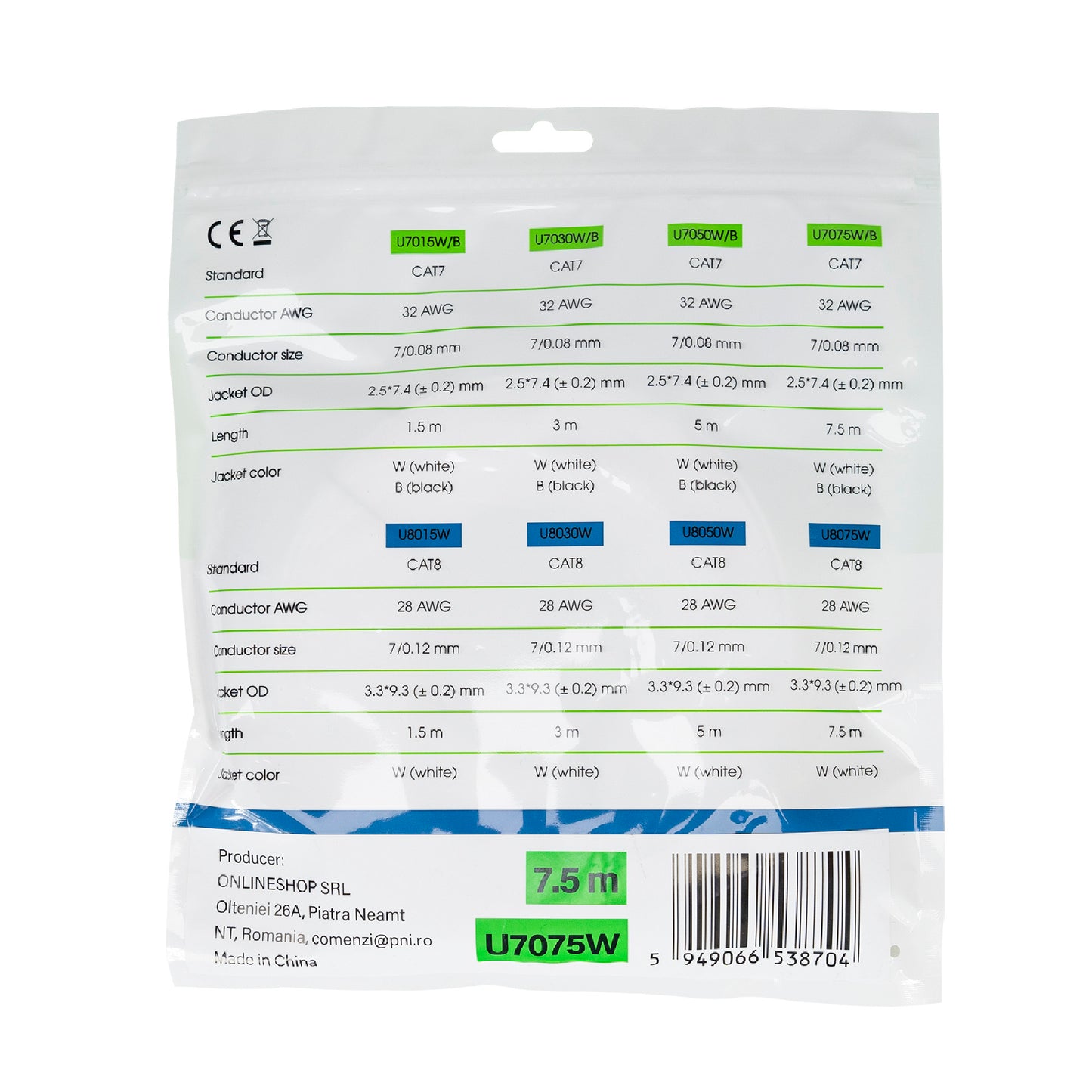 Cablu de retea plat S/STP CAT7 PNI U7075W, 2 x RJ45, 4 perechi de fire, 32AWG, cupru, 10 Gbps, 600 MHz, 7.5m, alb