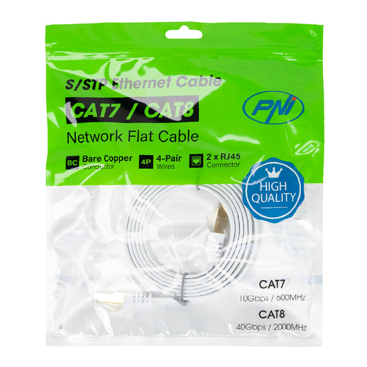 Cablu de retea plat S/STP CAT7 PNI U7015W, Patch, 2 x RJ45, 4 perechi de fire, 32AWG, cupru, 10 Gbps, 600 MHz, 1.5m, alb