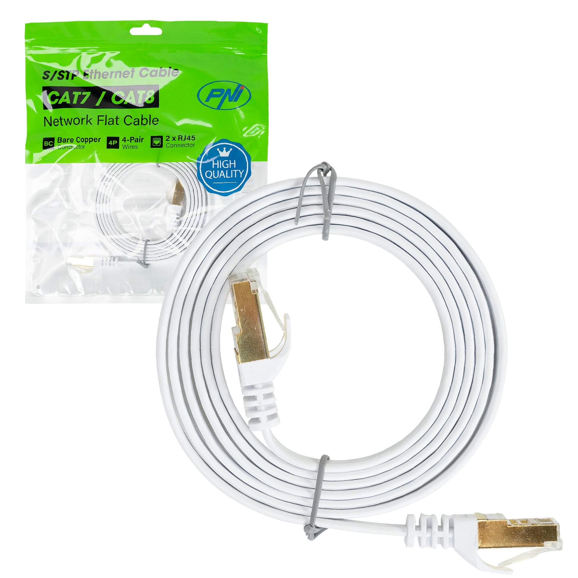 Cablu de retea plat S/STP CAT7 PNI U7015W, Patch, 2 x RJ45, 4 perechi de fire, 32AWG, cupru, 10 Gbps, 600 MHz, 1.5m, alb