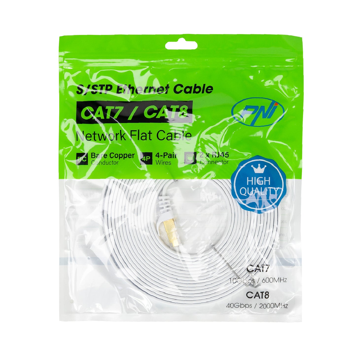 Cablu de retea plat S/STP CAT7 PNI U7050W, 2 x RJ45, 4 perechi de fire, 32AWG, cupru, 10 Gbps, 600 MHz, 5m, alb