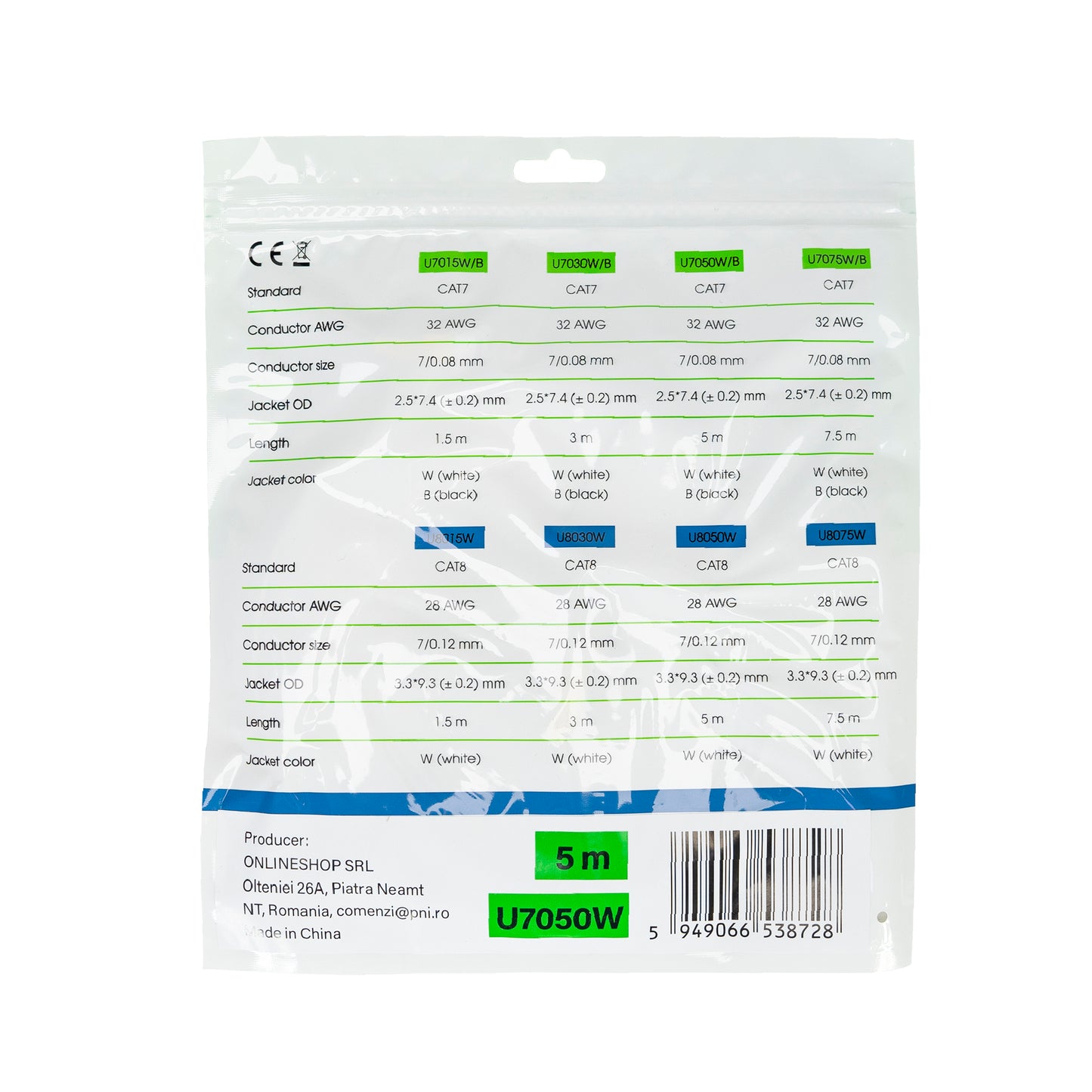 Cablu de retea plat S/STP CAT7 PNI U7050W, 2 x RJ45, 4 perechi de fire, 32AWG, cupru, 10 Gbps, 600 MHz, 5m, alb