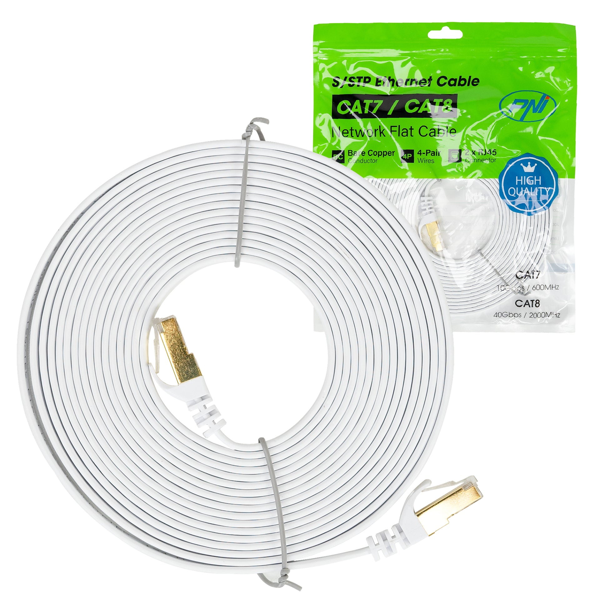 Cablu de retea plat S/STP CAT7 PNI U7050W, 2 x RJ45, 4 perechi de fire, 32AWG, cupru, 10 Gbps, 600 MHz, 5m, alb