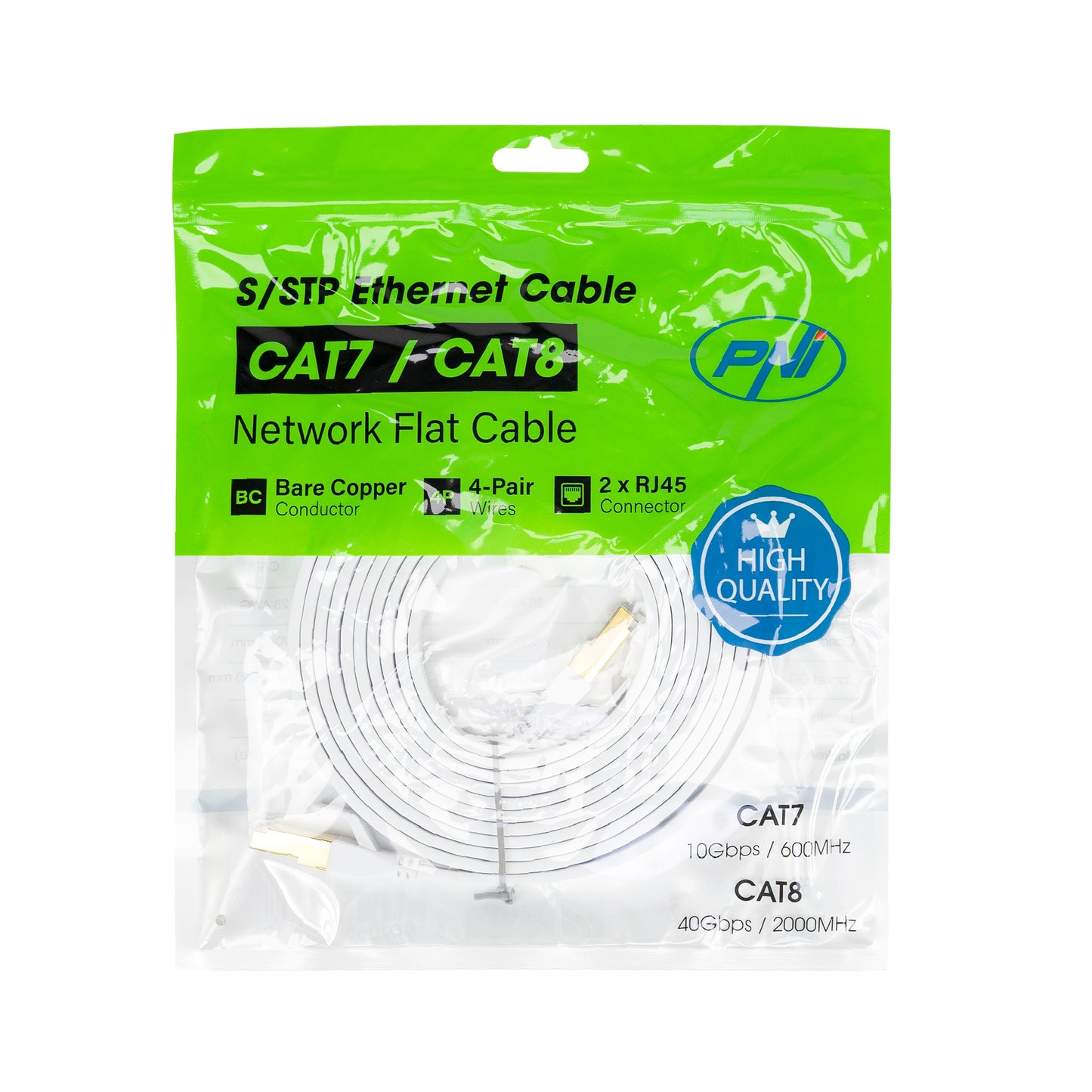 Cablu de retea plat S/STP CAT8 PNI U8030W, 2 x RJ45, 4 perechi de fire, 28AWG, cupru, 40 Gbps, 2000 MHz, 3m, alb